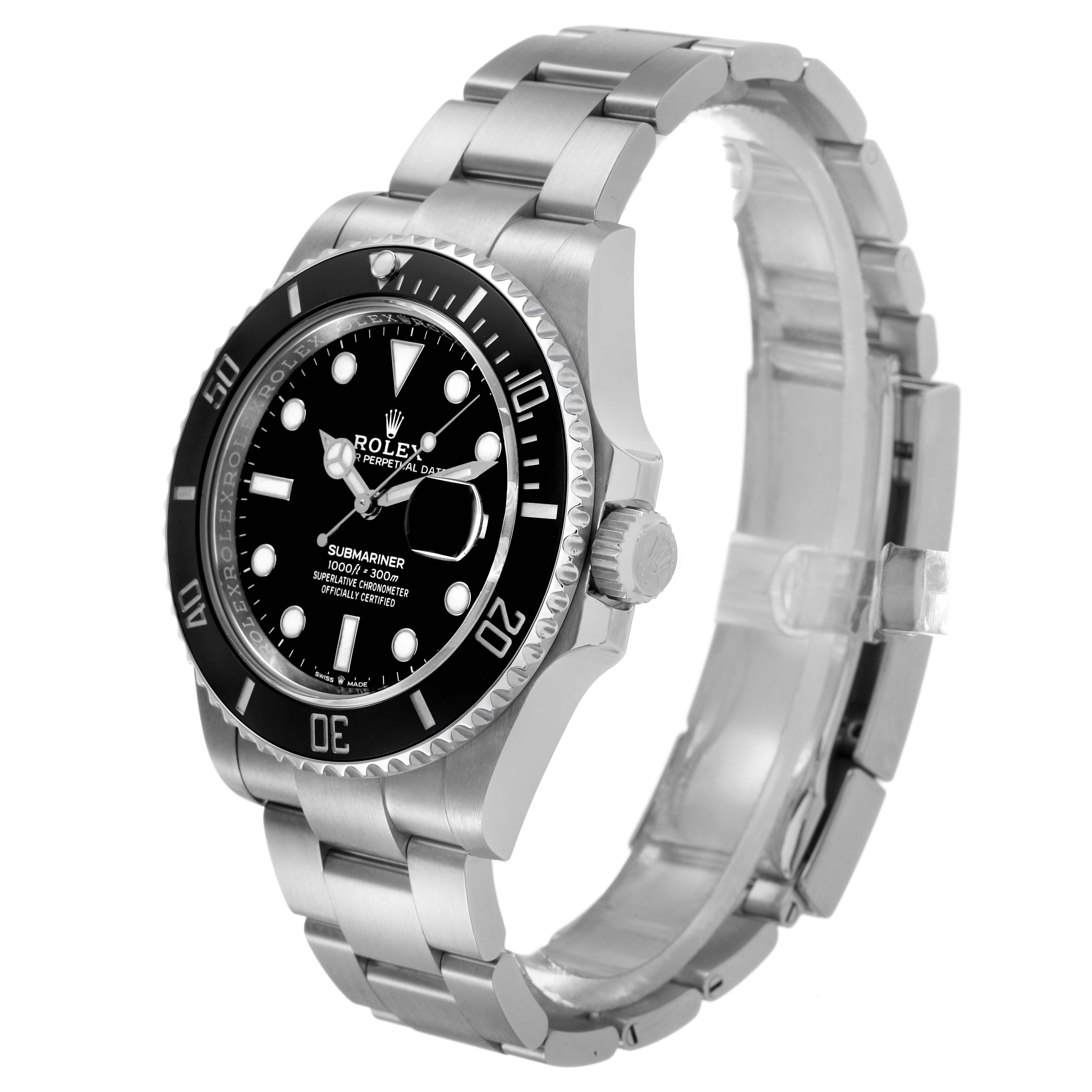 The Rolex Submariner 126610LN Men's Stainless Steel Black Dial watch is shown at a three-quarter angle, highlighting the face, bezel, crown, and bracelet.