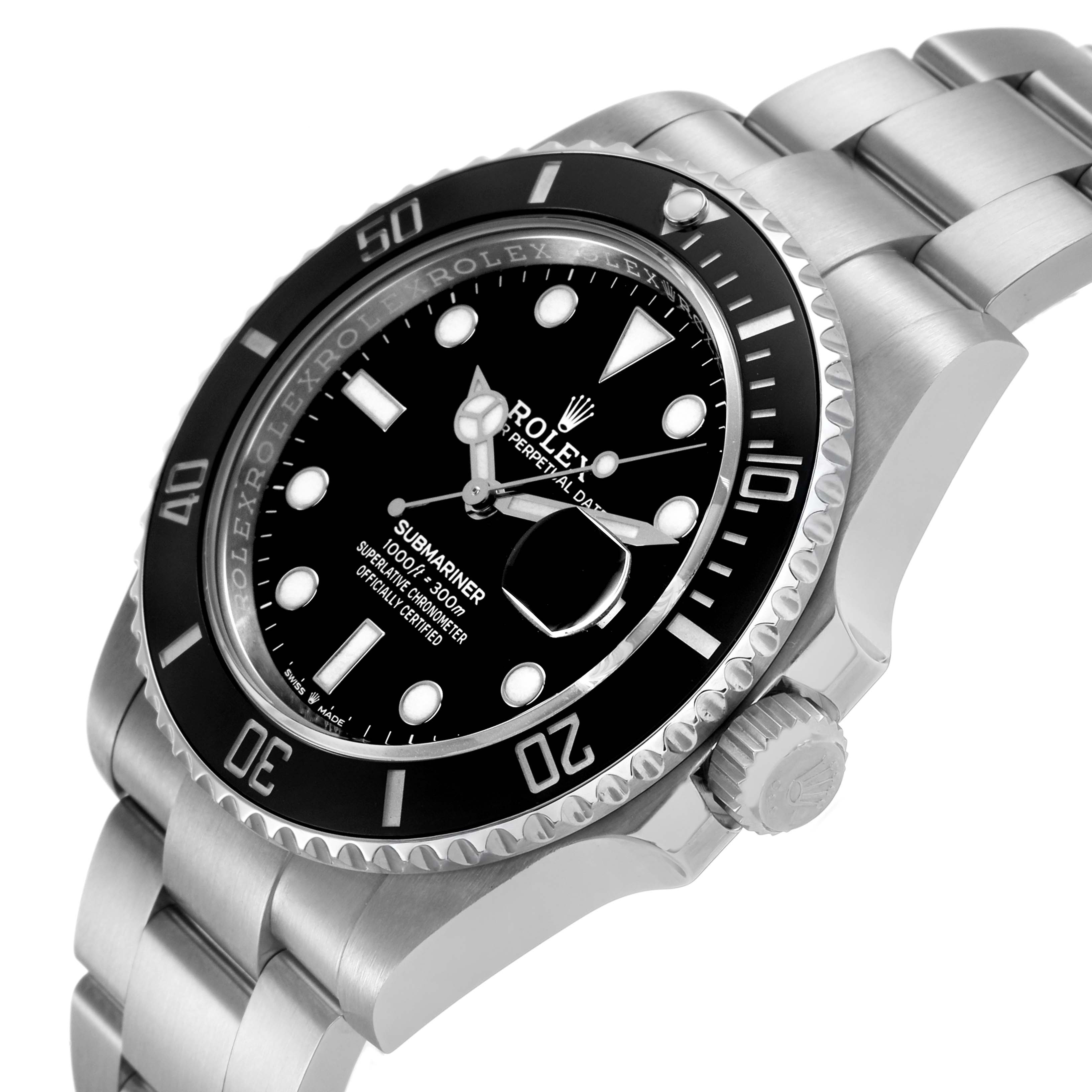 The image shows a side angle of the Rolex Submariner 126610LN Men's Stainless Steel Black Dial watch, highlighting the bezel, dial, crown, and bracelet.