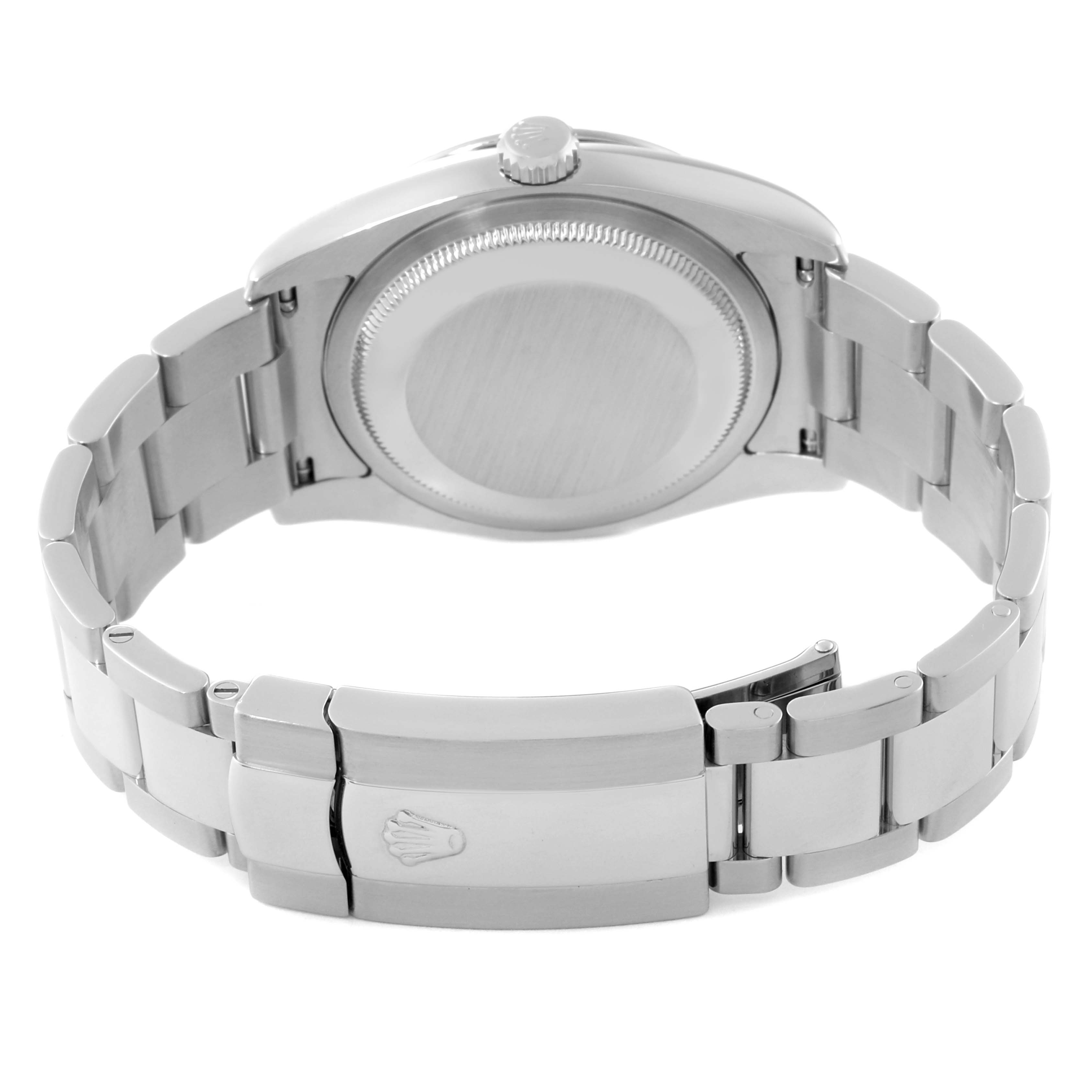This is a rear view of a Rolex Turn-o-Graph 116264 Men
s Stainless Steel White Dial 116264 Men
s Stainless Steel White Dial watch showing the clasp and caseback.
