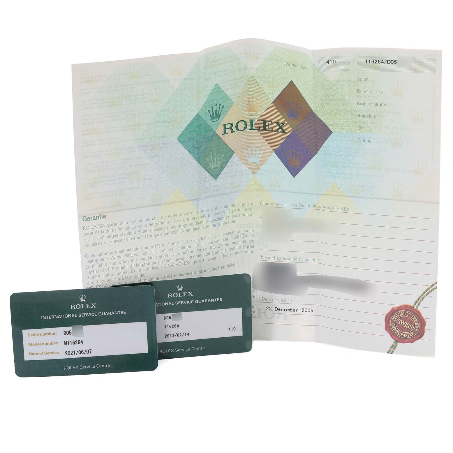 The image shows Best Quality
ity and guarantee paperwork and international service guarantee cards for the Rolex Turn-o-Graph 116264 Men
s Stainless Steel White Dial 116264 Men
s Stainless Steel White Dial.