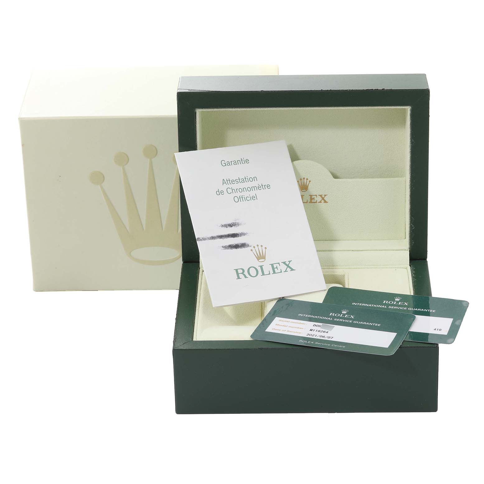 The image shows a Rolex Turn-o-Graph 116264 Men
s Stainless Steel White Dial 116264 Men
s Stainless Steel White Dial watch box from the front, including guarantee cards and documentation.