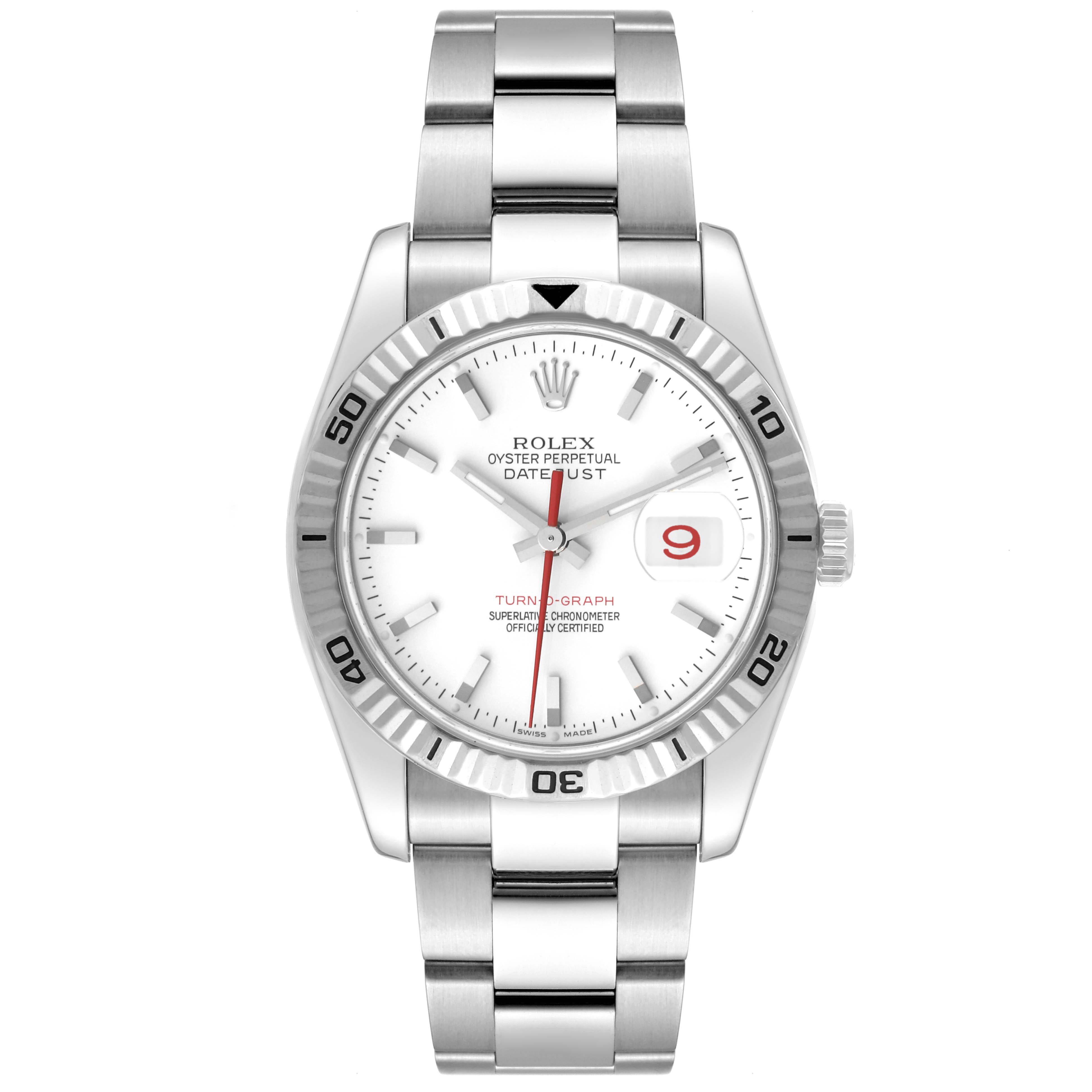 This image shows a front view of a Rolex Turn-o-Graph 116264 Men
s Stainless Steel White Dial 116264 Men
s Stainless Steel White Dial watch including its dial, bezel, bracelet, and crown.