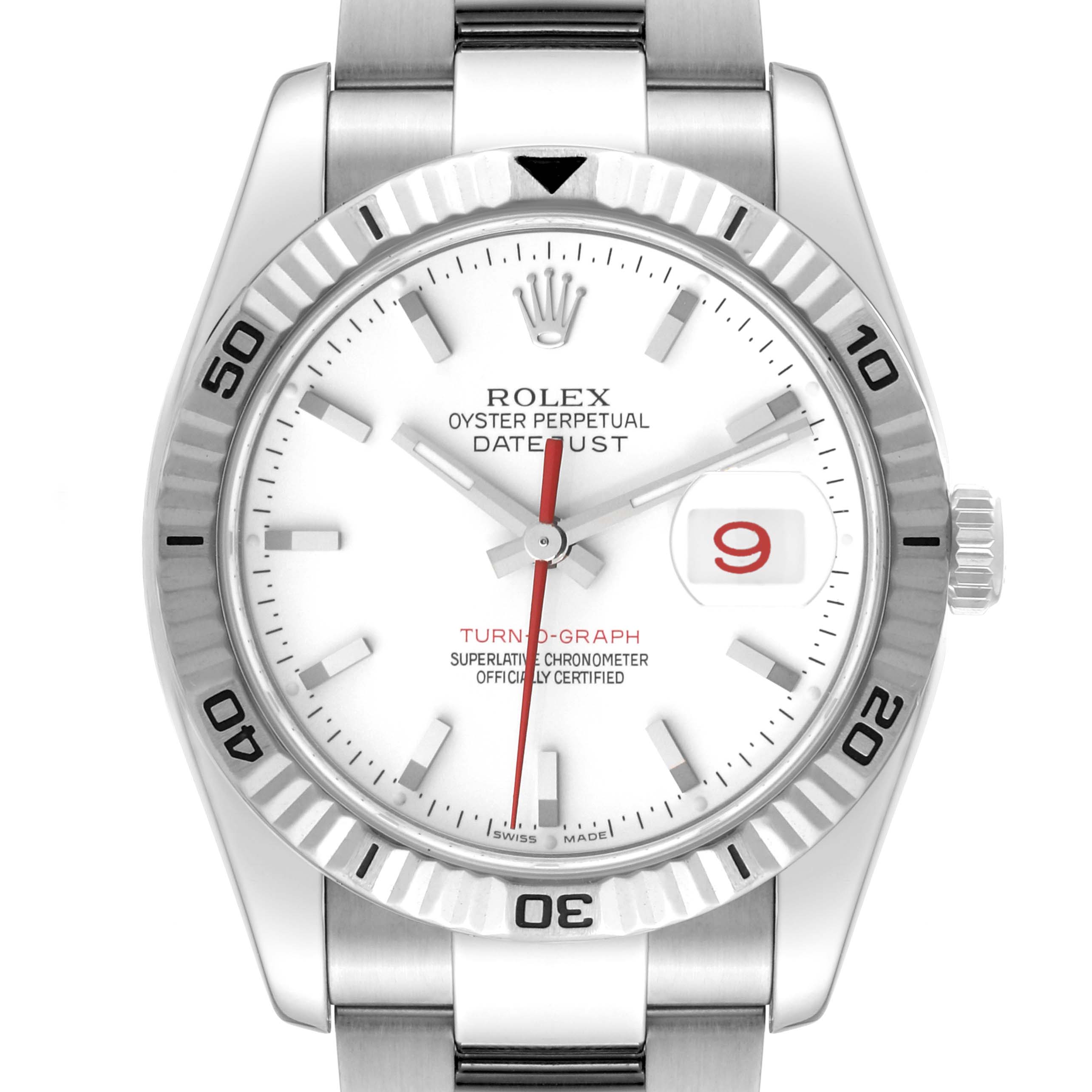 This image shows a front view of a Rolex Turn-o-Graph 116264 Men
s Stainless Steel White Dial 116264 Men
s Stainless Steel White Dial watch, displaying the dial, bezel, crown, and part of the band.