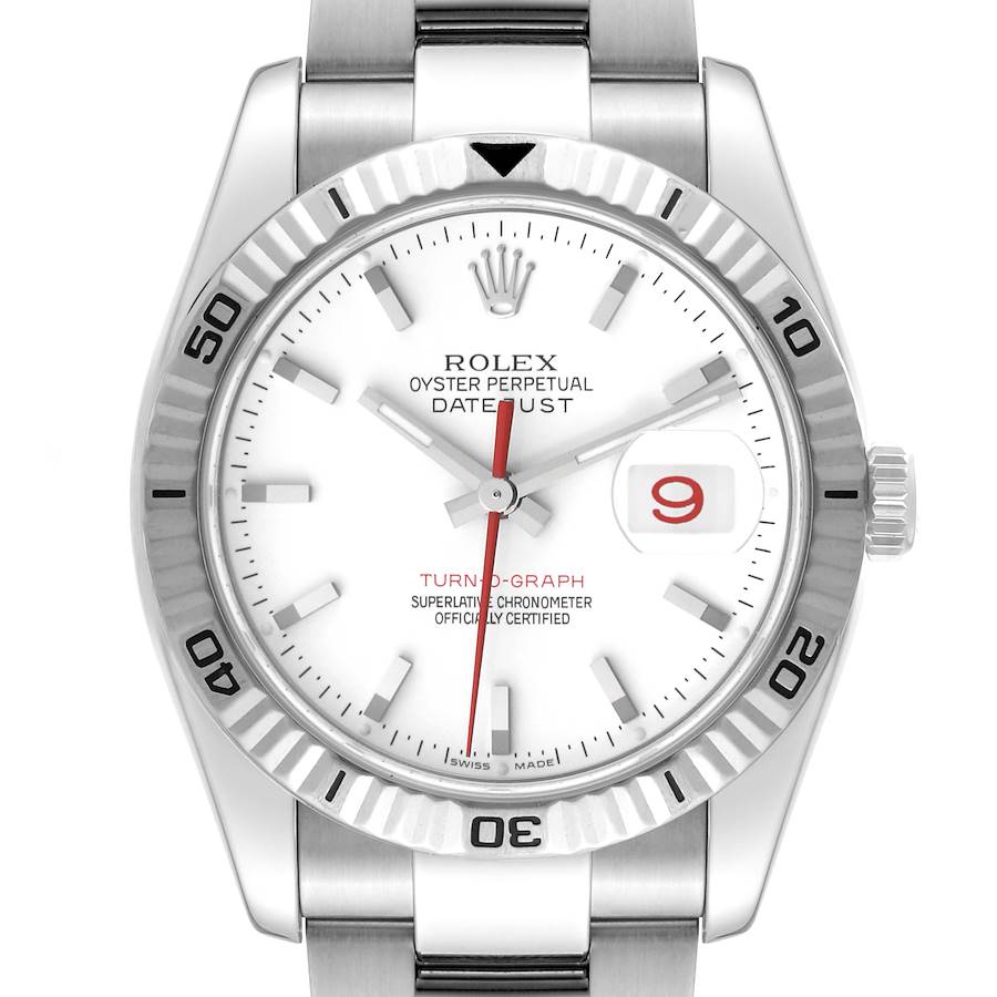 This image shows a front view of a Rolex Turn-o-Graph watch, displaying the dial, bezel, crown, and part of the band.