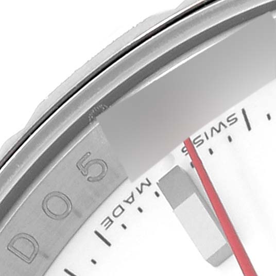 The image shows a close-up of the bezel and part of the dial of a Rolex Turn-o-Graph 116264 Men
s Stainless Steel White Dial 116264 Men
s Stainless Steel White Dial model, specifically highlighting the "05" marking.