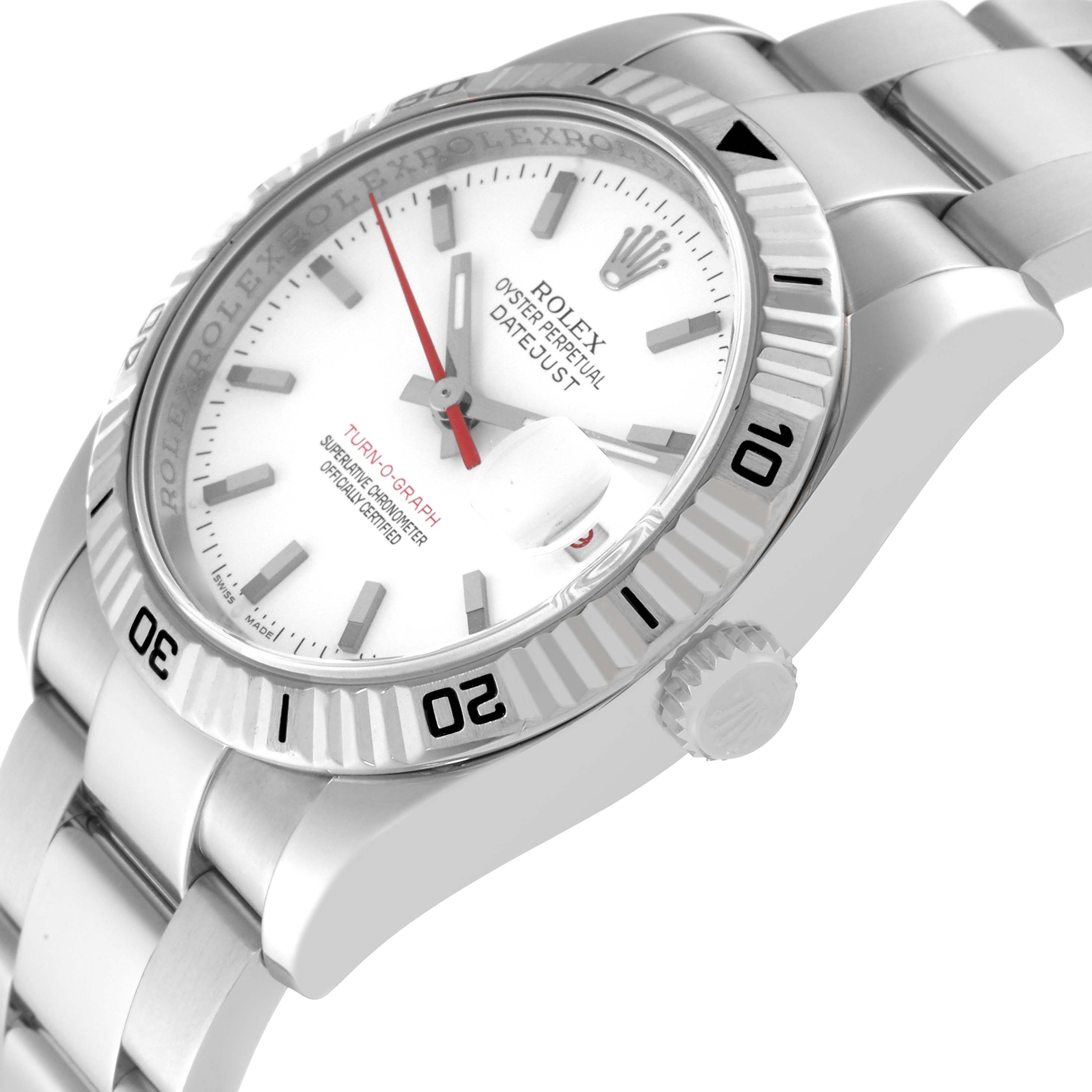 The Rolex Turn-o-Graph 116264 Men
s Stainless Steel White Dial 116264 Men
s Stainless Steel White Dial watch is shown from a side angle, displaying the bezel, crown, dial, hands, and bracelet.