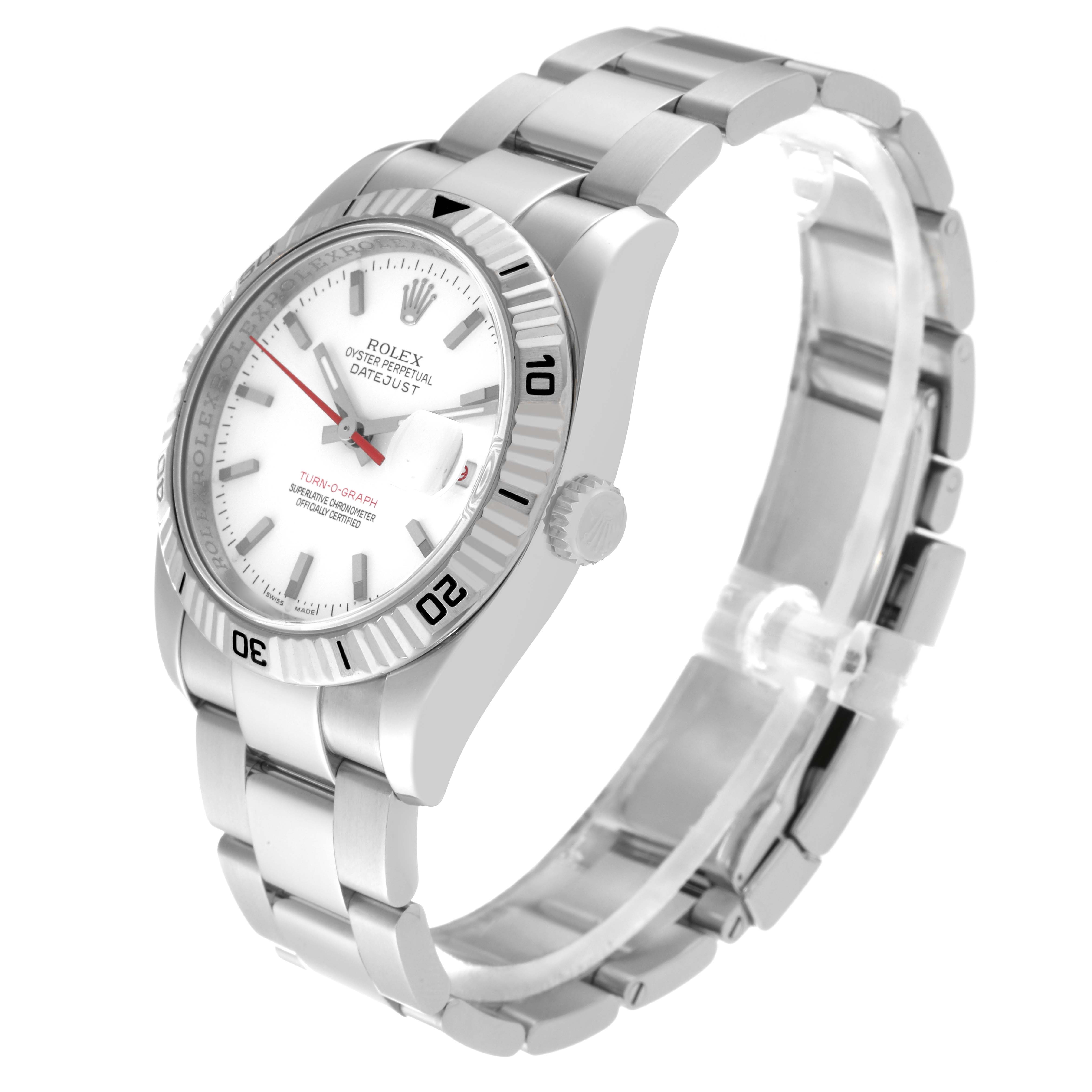 The Rolex Turn-o-Graph 116264 Men
s Stainless Steel White Dial 116264 Men
s Stainless Steel White Dial watch is shown from an angled side view, displaying the face, bezel, crown, and bracelet.