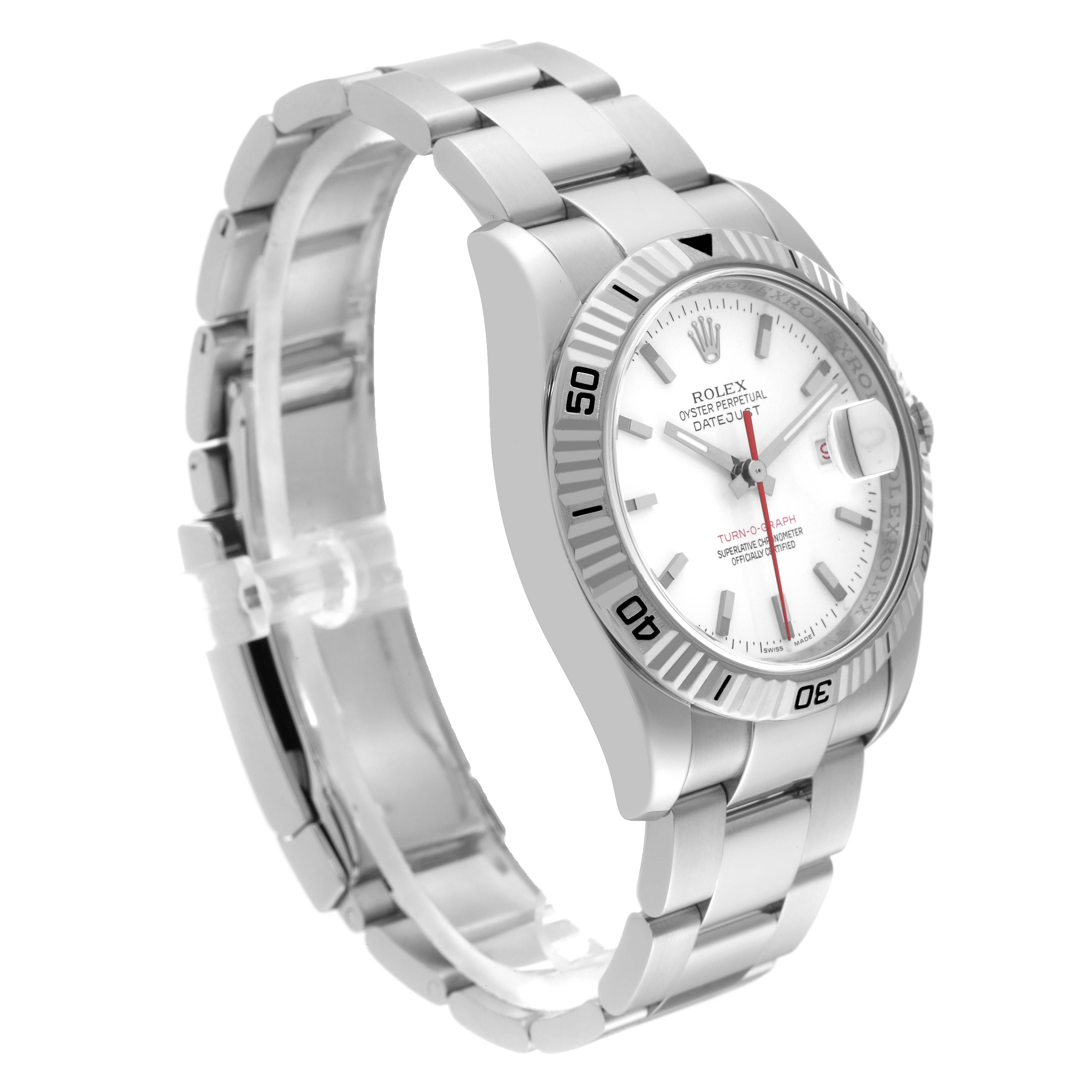 The image shows a side angle view of the Rolex Turn-o-Graph 116264 Men
s Stainless Steel White Dial 116264 Men
s Stainless Steel White Dial watch, highlighting its bracelet, bezel, and dial.