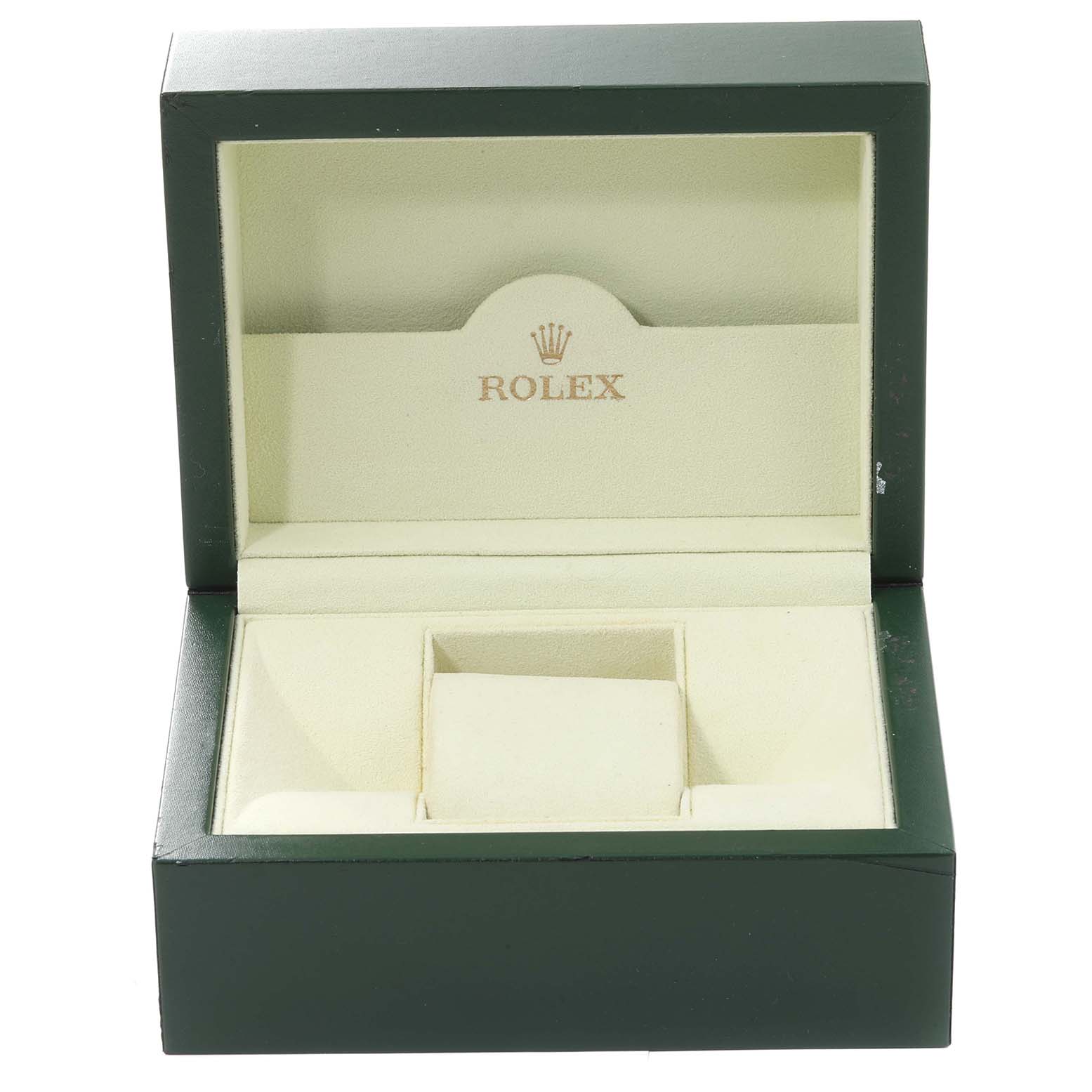 The image shows an open green and beige Rolex watch box, likely for the Turn-o-Graph model.