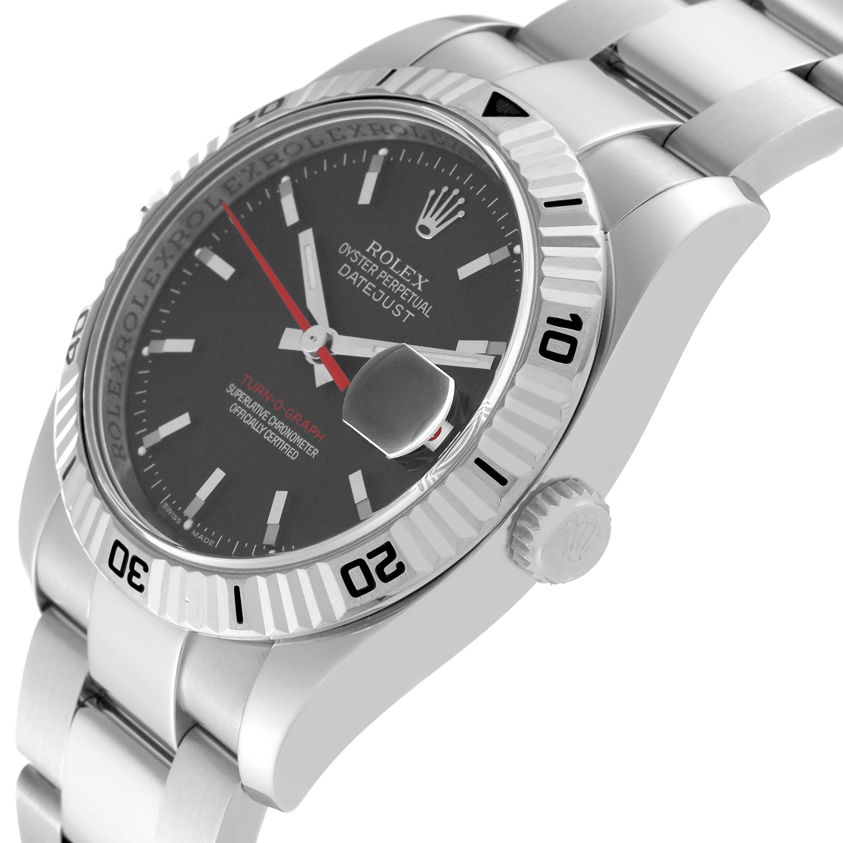 The image shows an angled side view of the Rolex Turn-o-Graph 116264 Men's Stainless Steel Black Dial 116264 Men's Stainless Steel Black Dial watch, highlighting the bezel, case, dial, and bracelet.