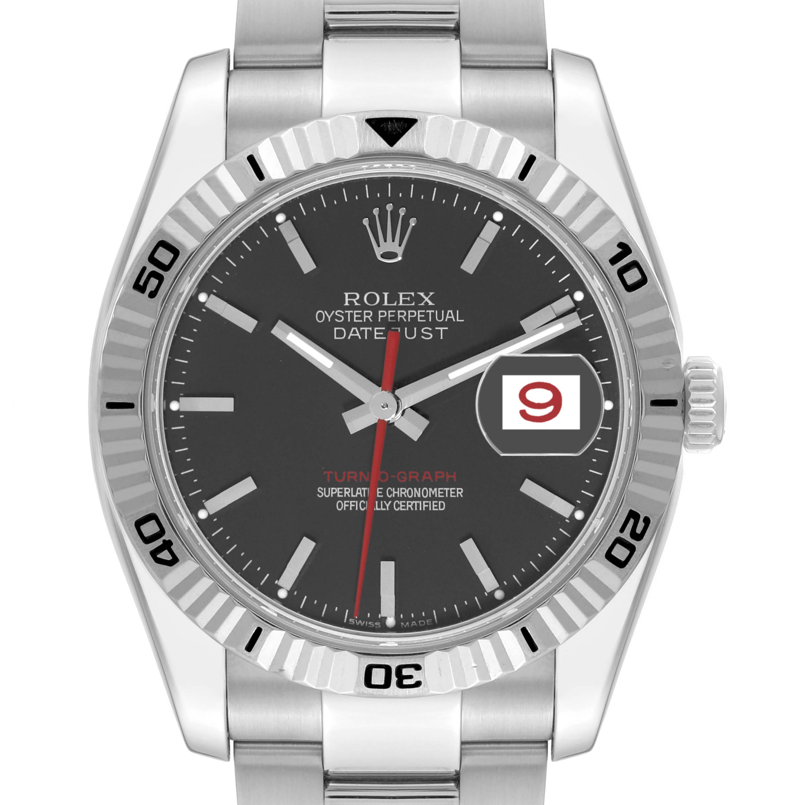 The image shows a front view of the Rolex Turn-o-Graph 116264 Men's Stainless Steel Black Dial 116264 Men's Stainless Steel Black Dial watch, displaying its face, bezel, and part of the bracelet.