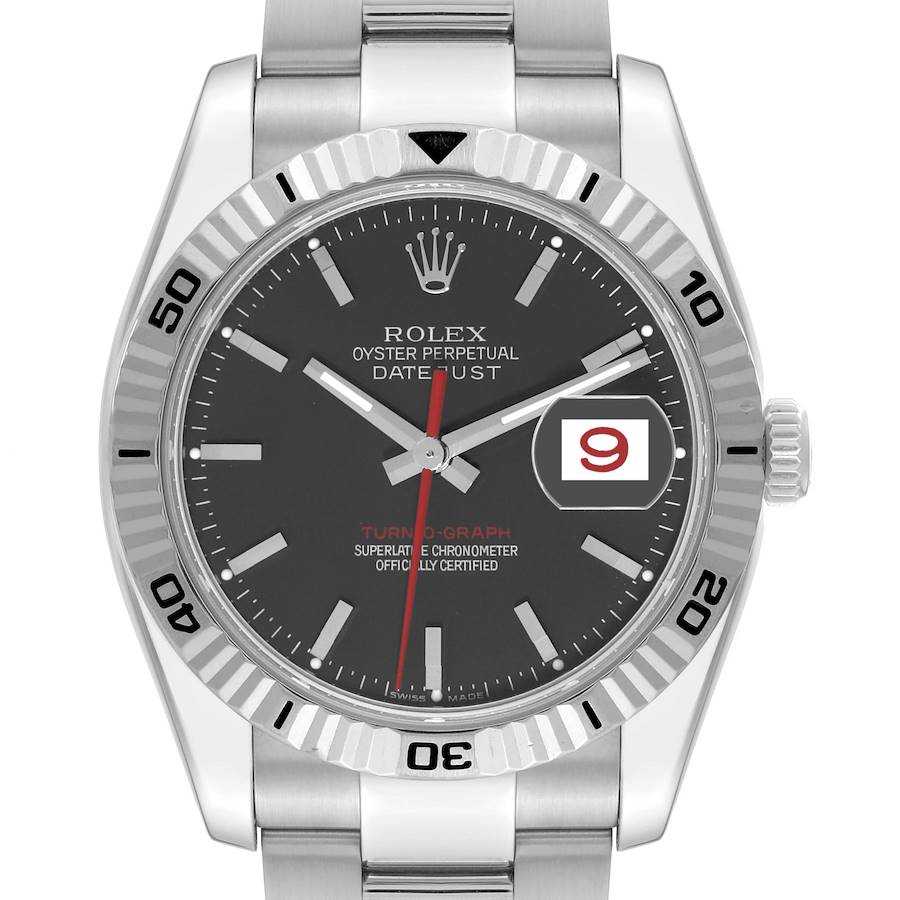 Rolex TurnoGraph White Gold Bezel Black Dial Steel Mens Watch 116264 SwissWatchExpo