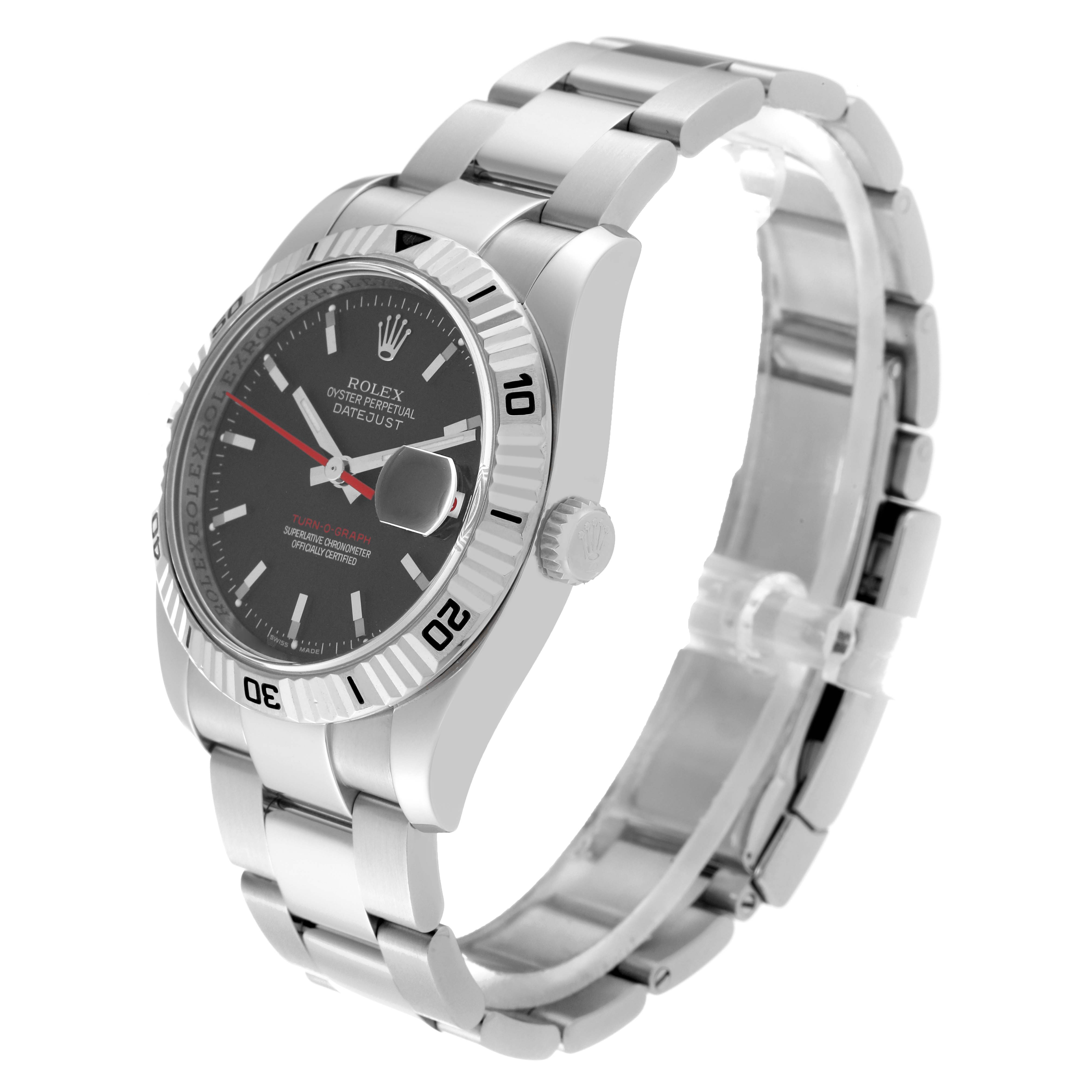 The image shows a Rolex Turn-o-Graph 116264 Men's Stainless Steel Black Dial 116264 Men's Stainless Steel Black Dial watch from an angled side view, highlighting the dial, bezel, crown, and bracelet.