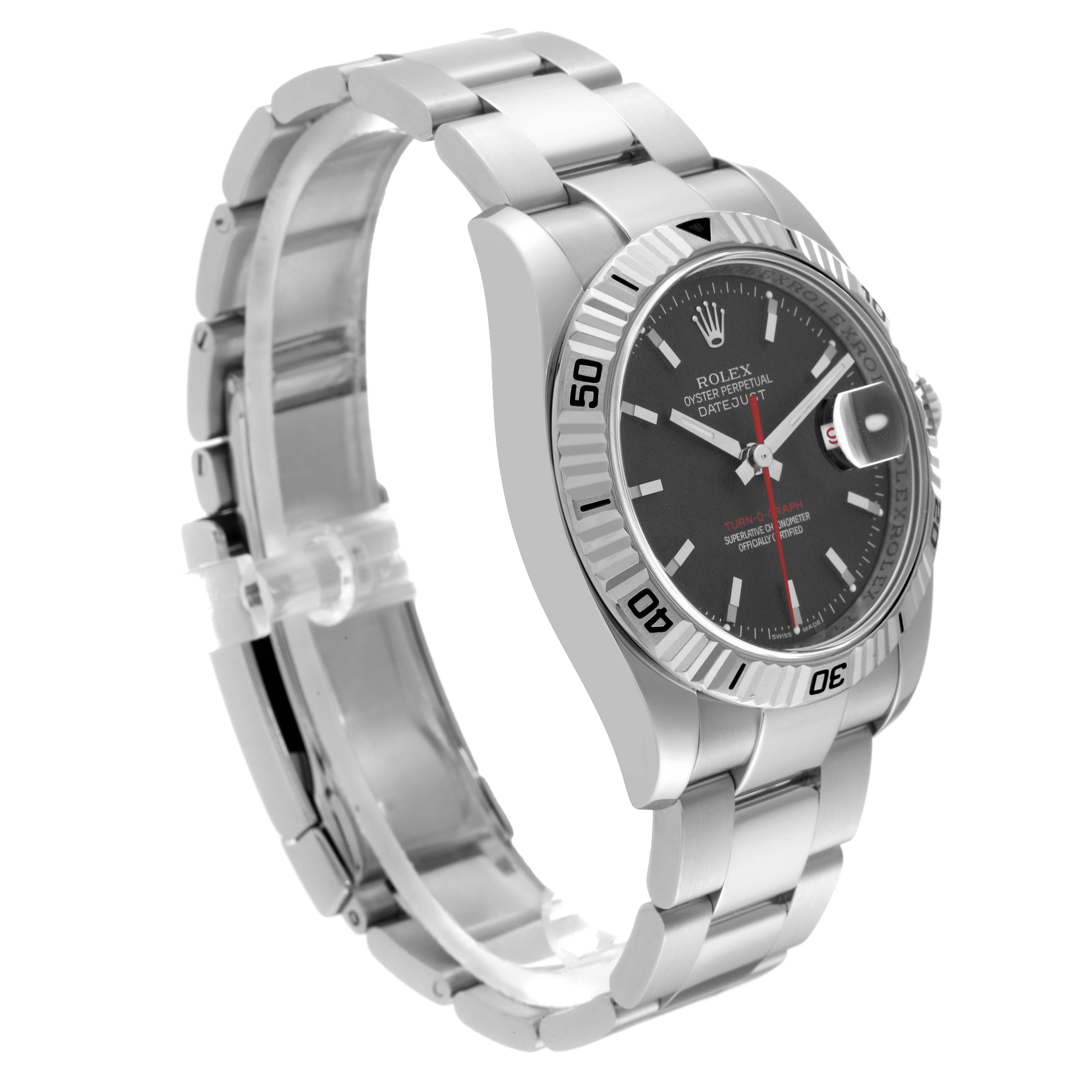 The Rolex Turn-o-Graph 116264 Men's Stainless Steel Black Dial 116264 Men's Stainless Steel Black Dial watch is shown at a slight angle from the front, highlighting the face, bezel, and bracelet.
