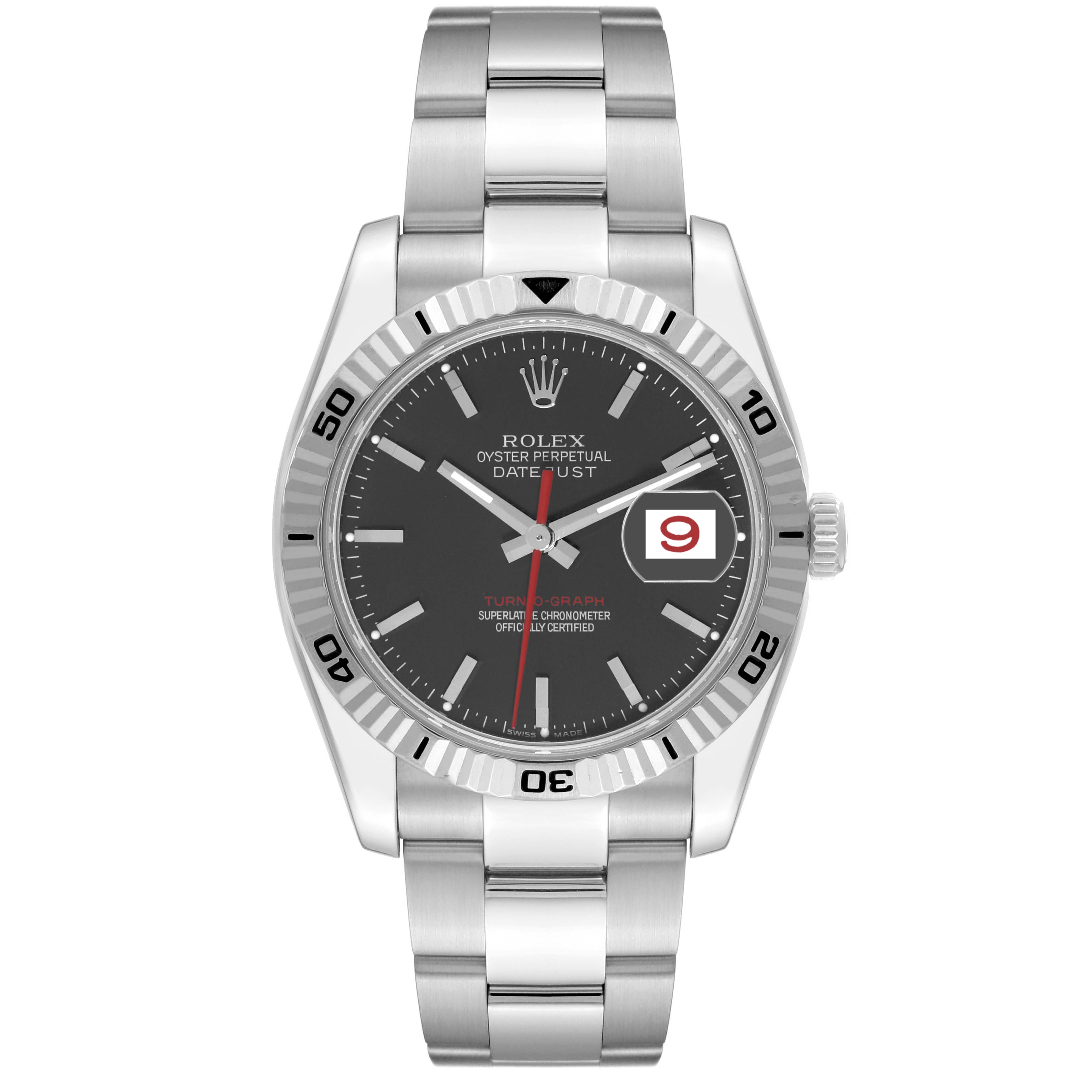 The Rolex Turn-o-Graph 116264 Men's Stainless Steel Black Dial 116264 Men's Stainless Steel Black Dial watch is shown in a front-facing angle, highlighting the dial, bezel, and bracelet.