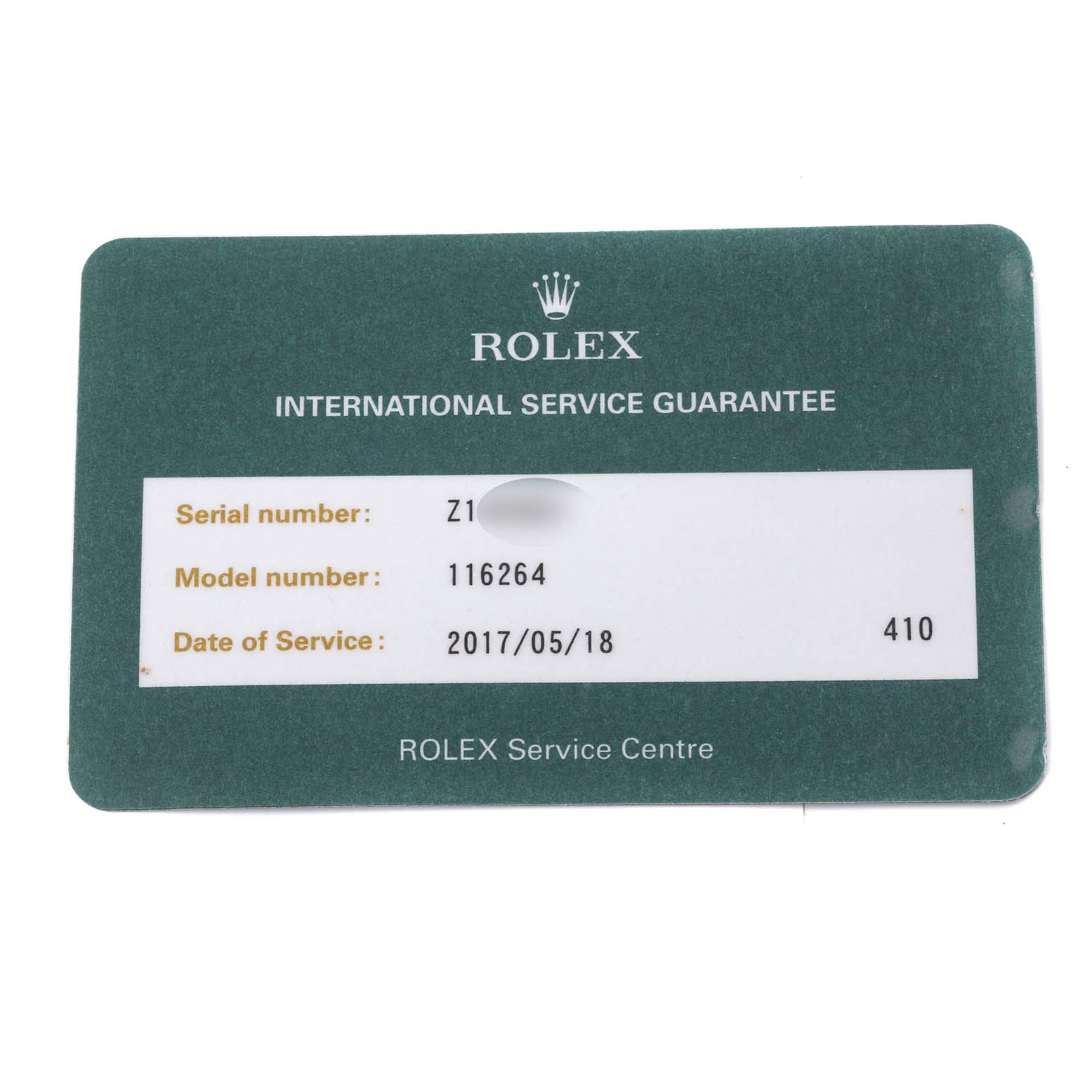 The image shows a Rolex International Service Guarantee card for the Turn-o-Graph model 116264.