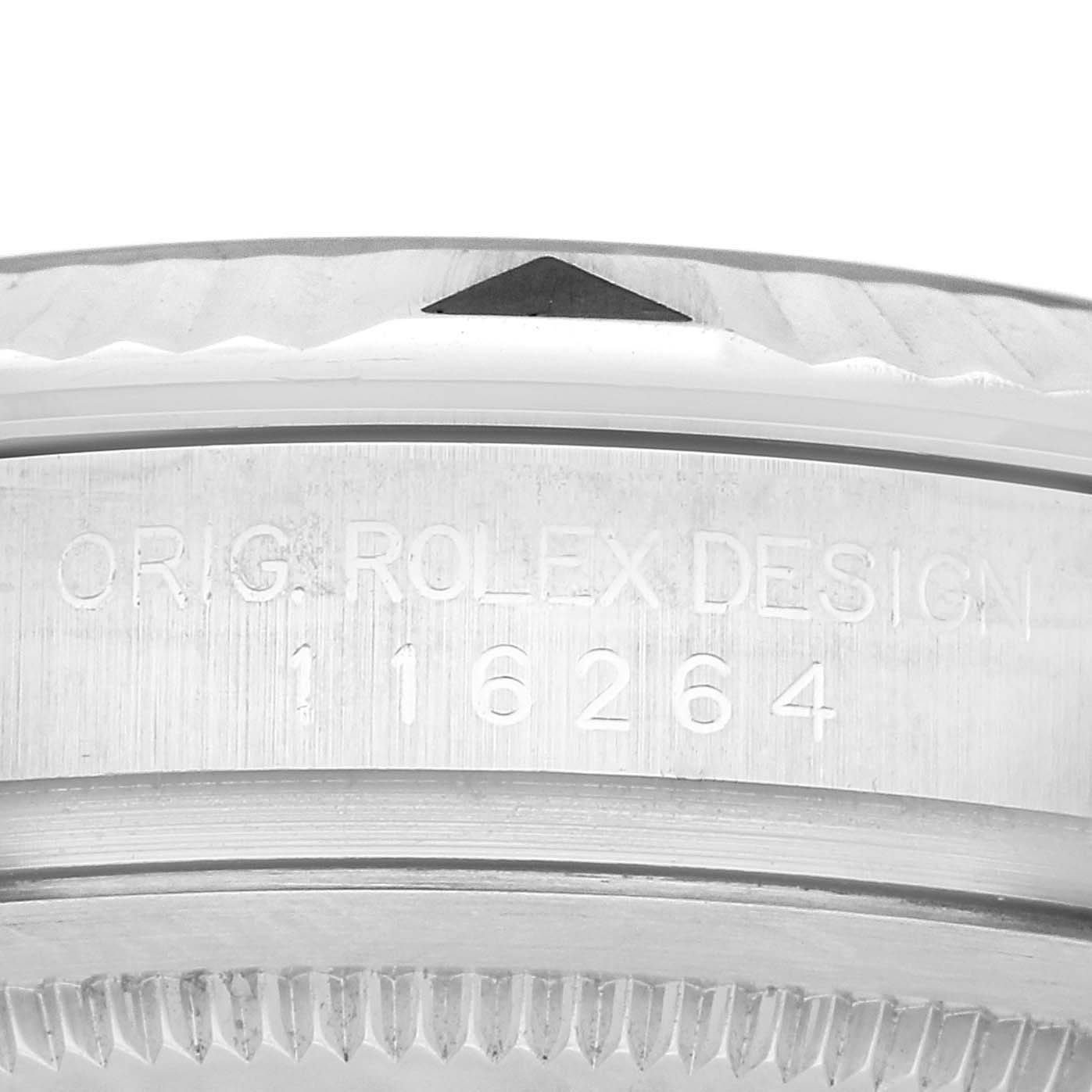 This image shows a close-up of the case side of the Rolex Turn-o-Graph 116264 Men's Stainless Steel Black Dial 116264 Men's Stainless Steel Black Dial, displaying the engraved reference number "116264."