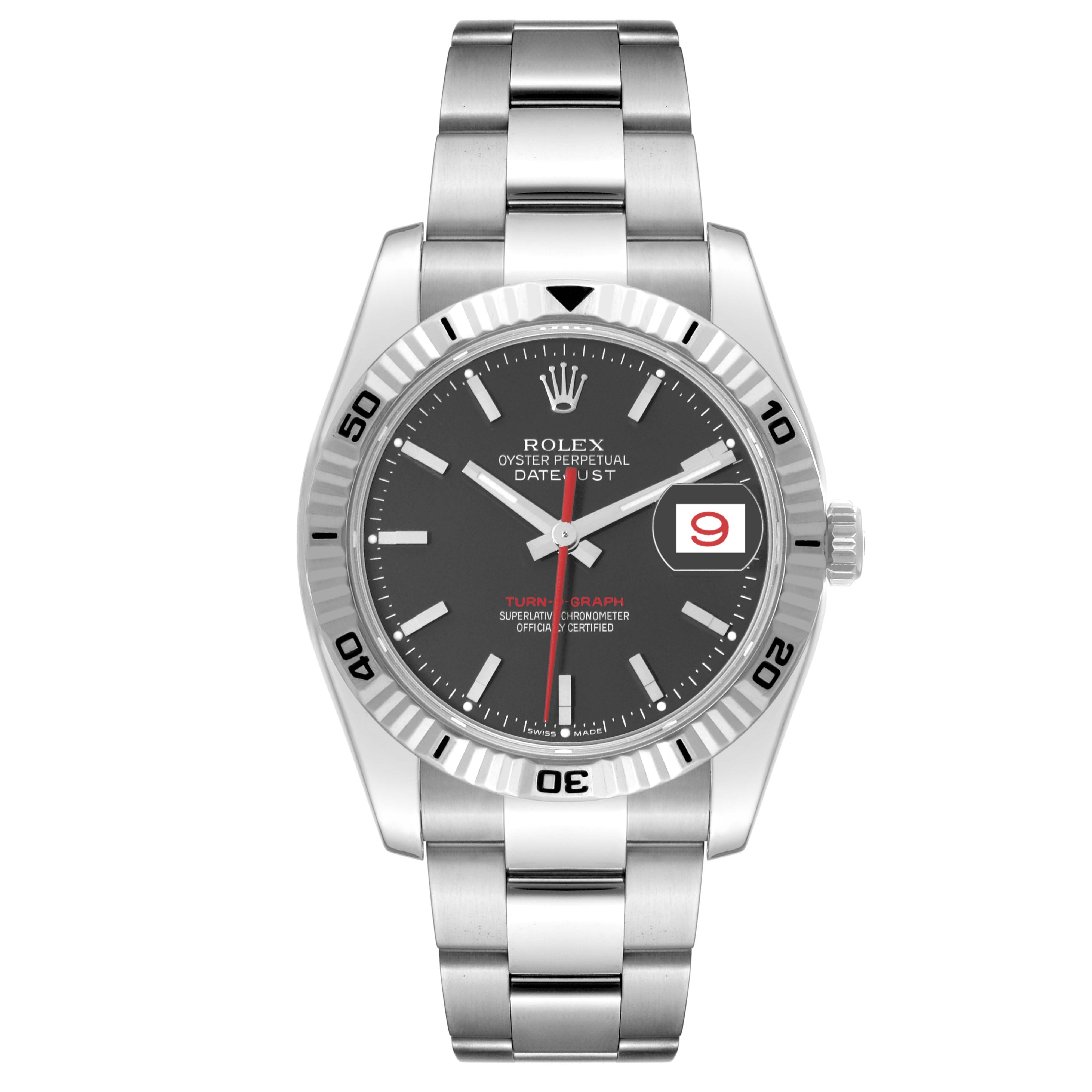 The image shows a front view of the Rolex Turn-o-Graph 116264 Men's Stainless Steel Black Dial 116264 Men's Stainless Steel Black Dial model, highlighting its dial, bezel, and bracelet.