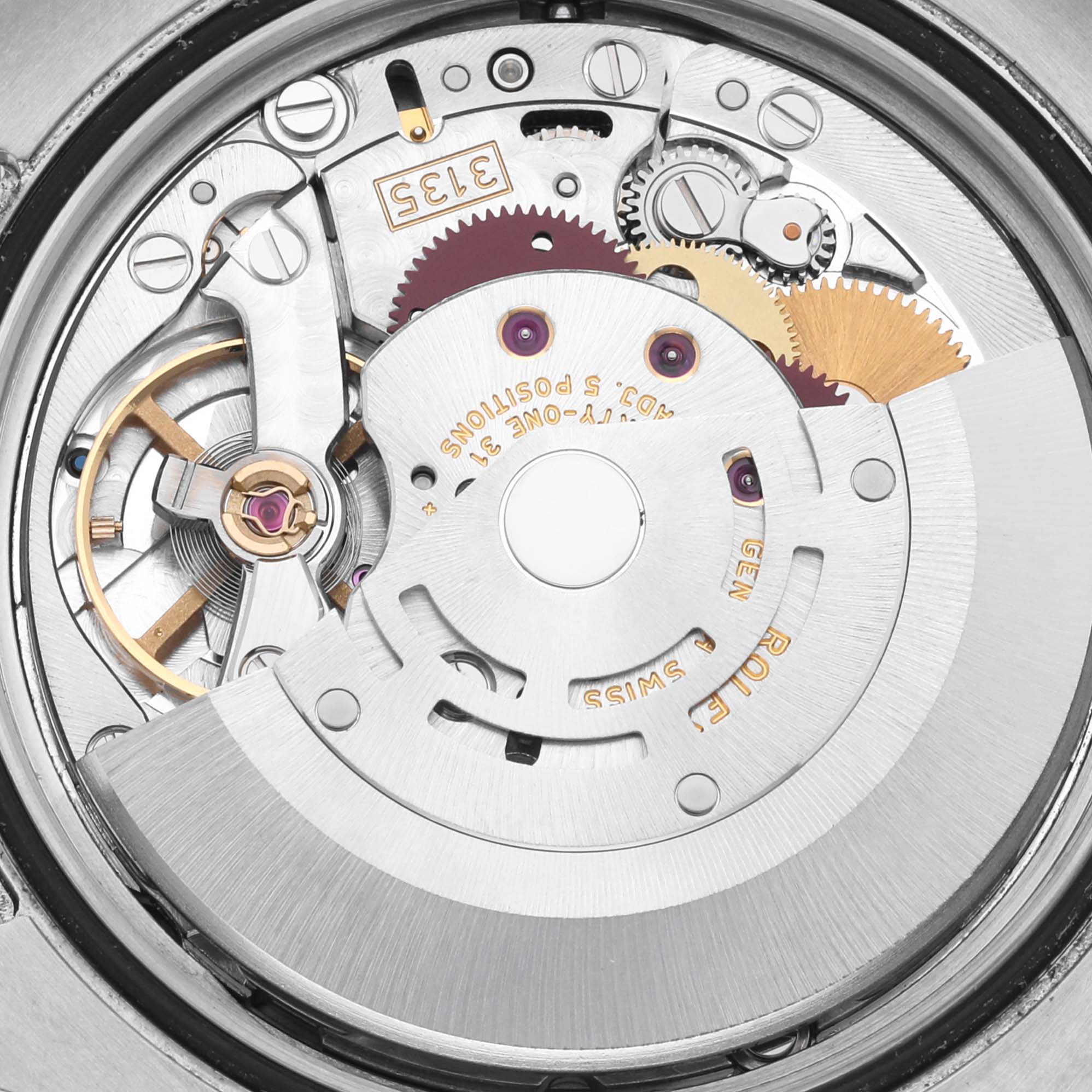 This image shows a close-up view of the movement mechanism inside a Rolex Turn-o-Graph 116264 Men's Stainless Steel Black Dial 116264 Men's Stainless Steel Black Dial watch.