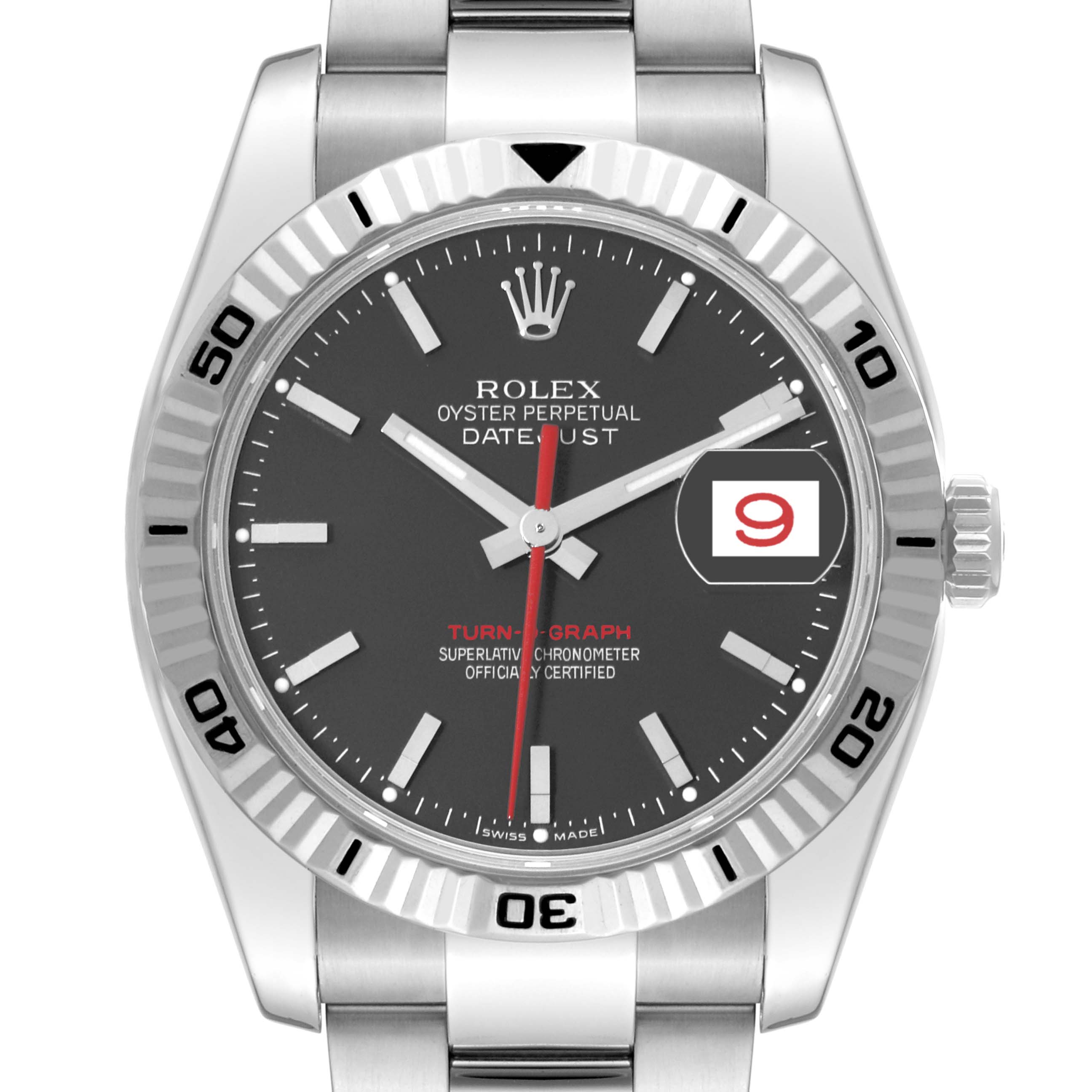The image shows a head-on view of the Rolex Turn-o-Graph 116264 Men's Stainless Steel Black Dial 116264 Men's Stainless Steel Black Dial watch, featuring the dial, bezel, and part of the bracelet.