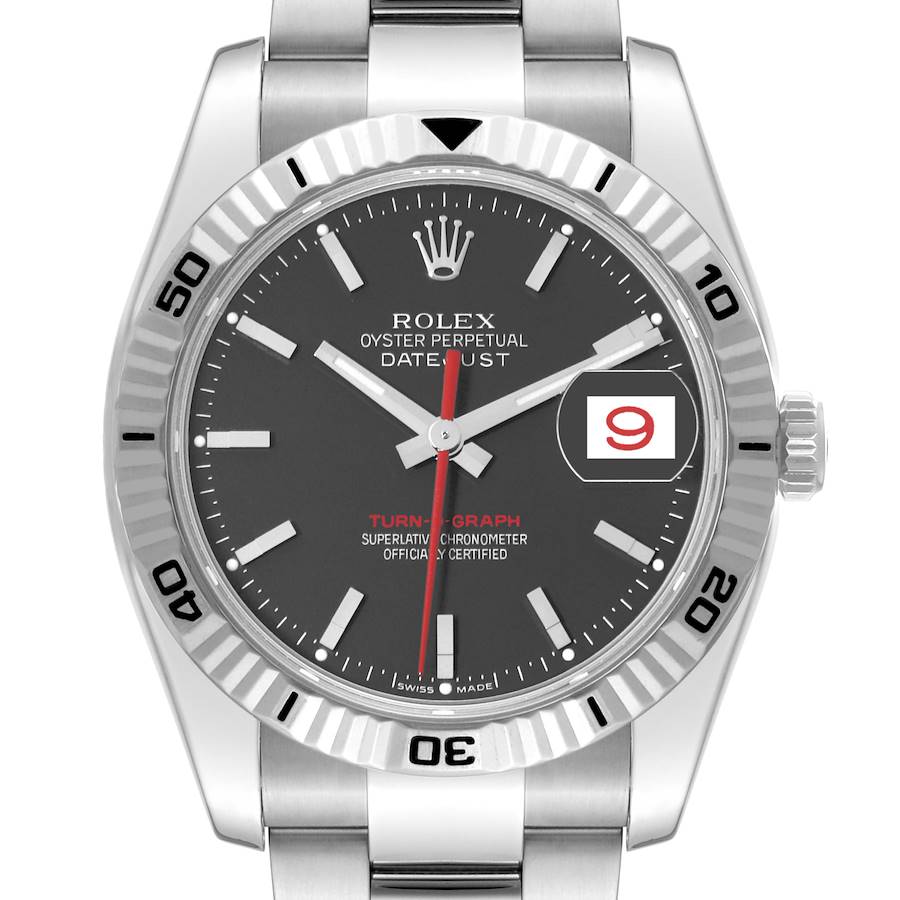 Rolex Turnograph White Gold Bezel Black Dial Steel Mens Watch 116264 SwissWatchExpo