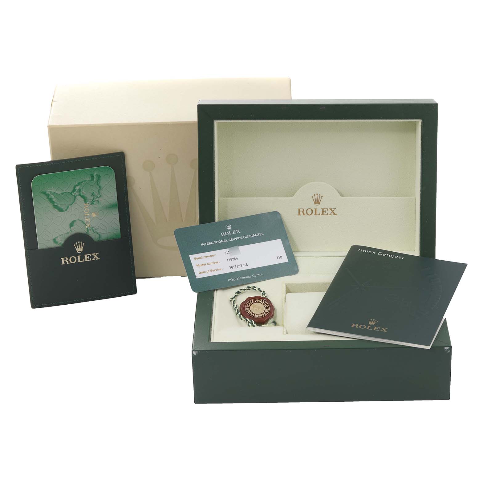 The image shows the original packaging, international service guarantee card, booklet, and warranty card holder for a Rolex Turn-o-Graph 116264 Men's Stainless Steel Black Dial 116264 Men's Stainless Steel Black Dial watch.