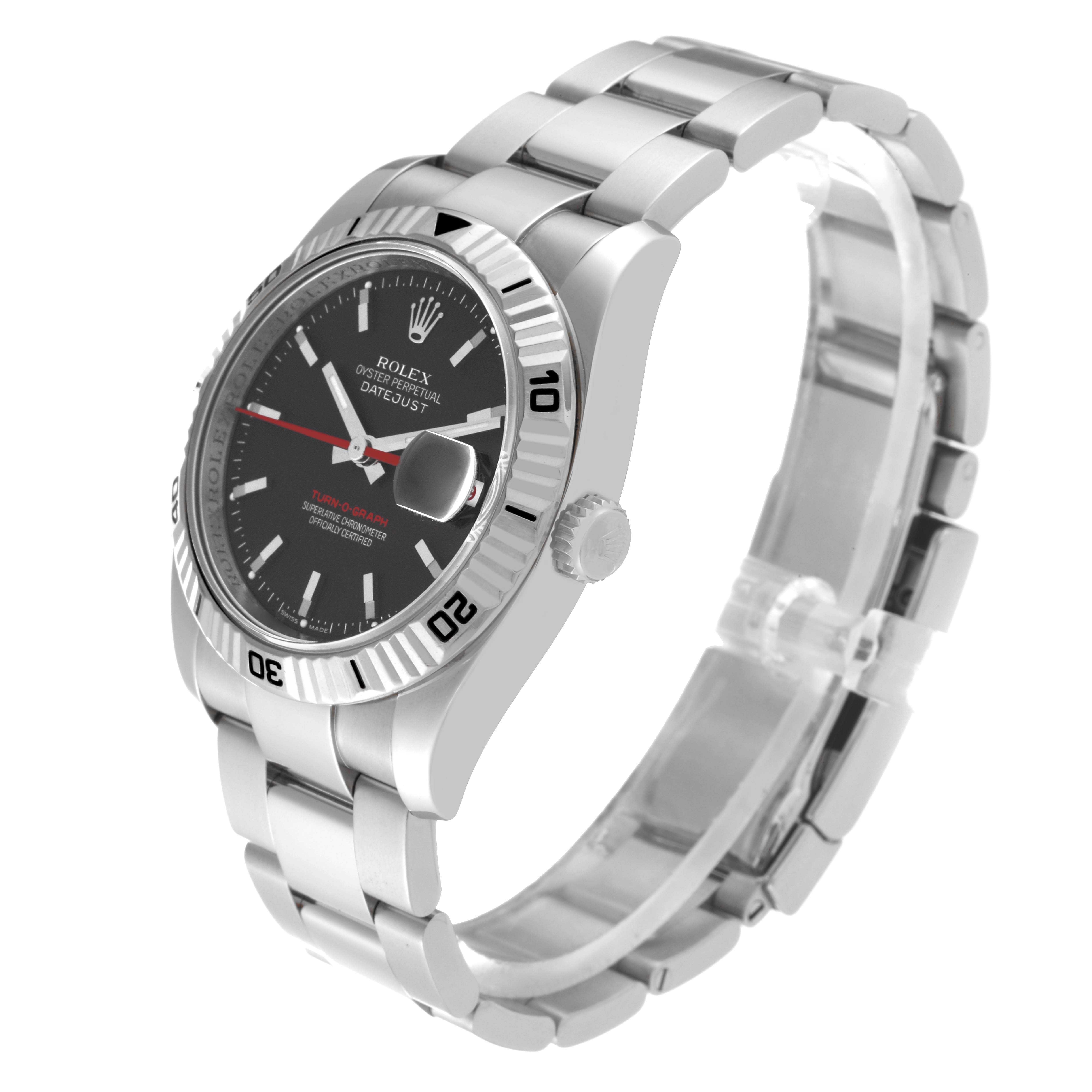 The Rolex Turn-o-Graph 116264 Men's Stainless Steel Black Dial 116264 Men's Stainless Steel Black Dial watch is shown at a three-quarter angle, highlighting the dial, bezel, crown, and bracelet.