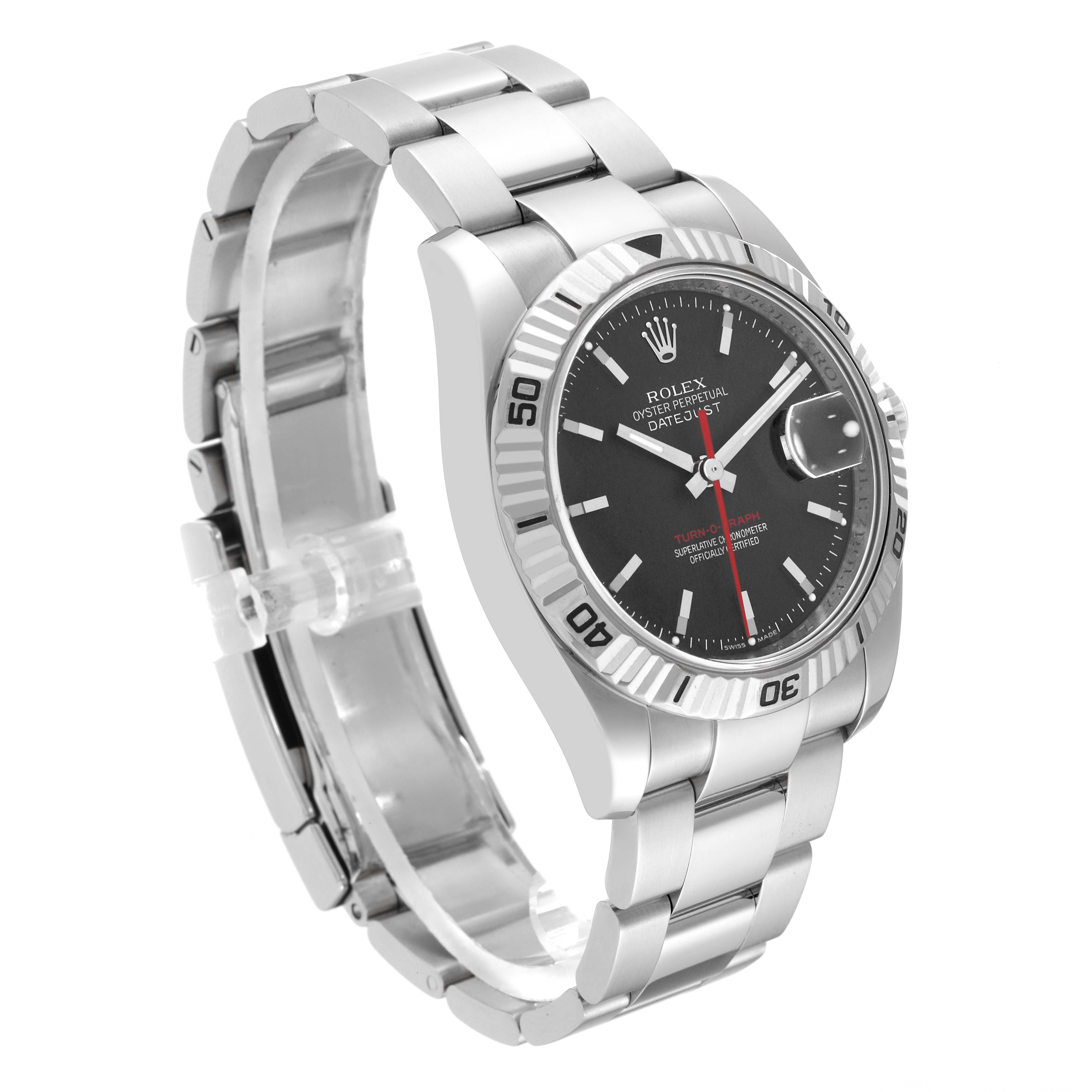 The image shows a Rolex Turn-o-Graph 116264 Men's Stainless Steel Black Dial 116264 Men's Stainless Steel Black Dial watch at an angled view, highlighting its dial, bezel, and stainless steel bracelet.