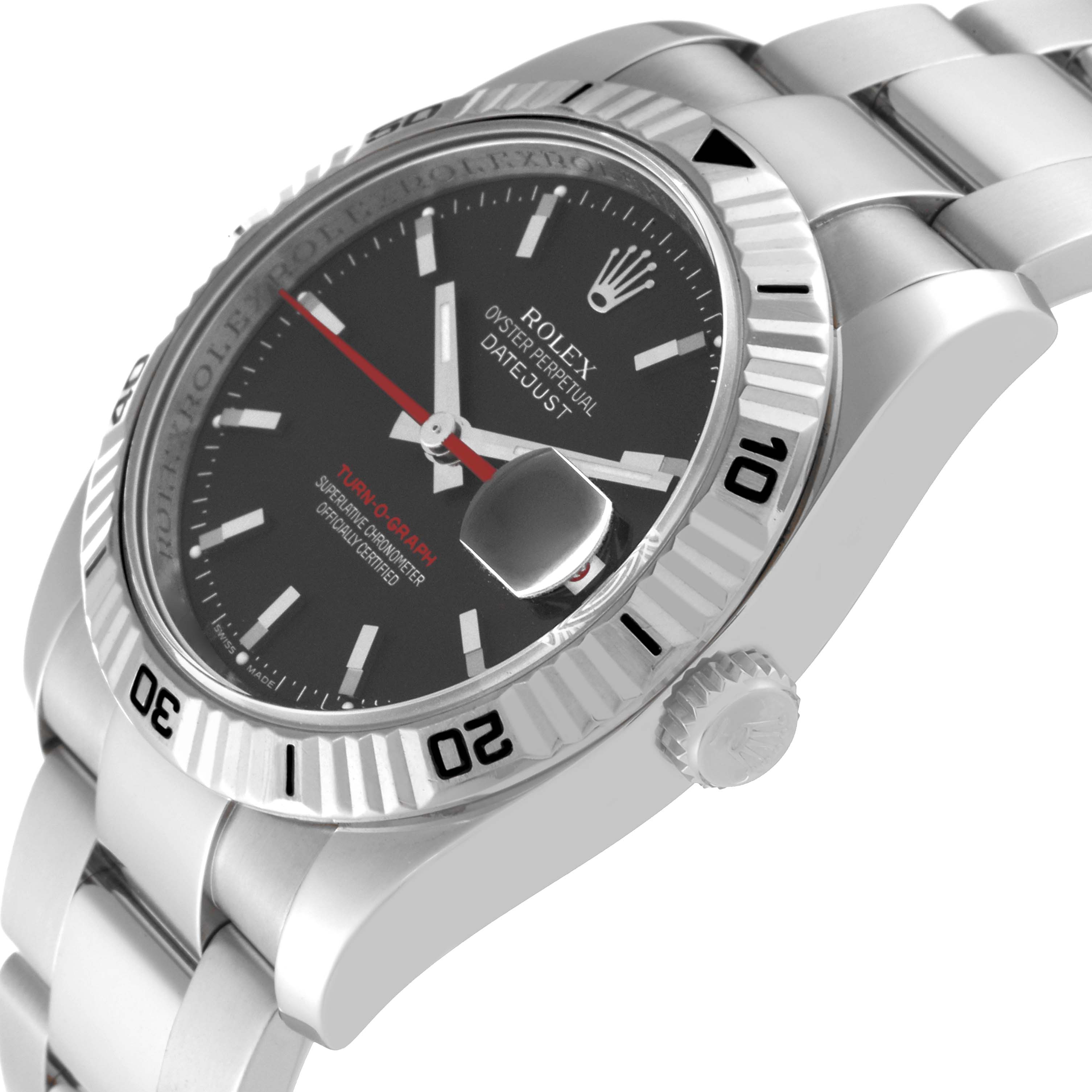 The image shows a close-up, side angle view of the Rolex Turn-o-Graph 116264 Men's Stainless Steel Black Dial 116264 Men's Stainless Steel Black Dial's dial, bezel, crown, and part of the bracelet.