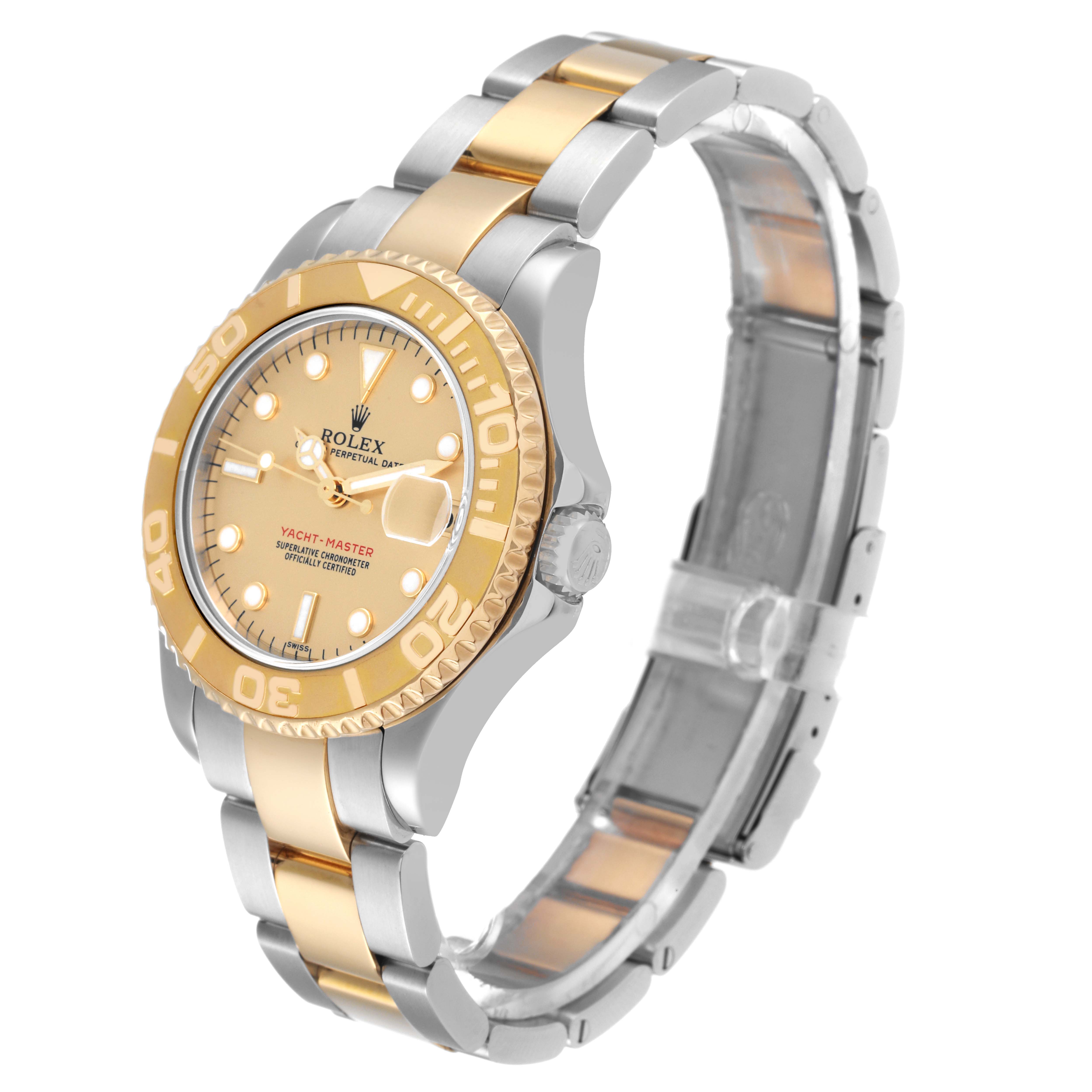 The Rolex Yacht-Master 168623 Men
s Steel and Gold (two tone) Champagne Dial 168623 Men
s Steel and Gold (two tone) Champagne Dial watch is shown at a slight angle, displaying its dial, bezel, and bracelet.