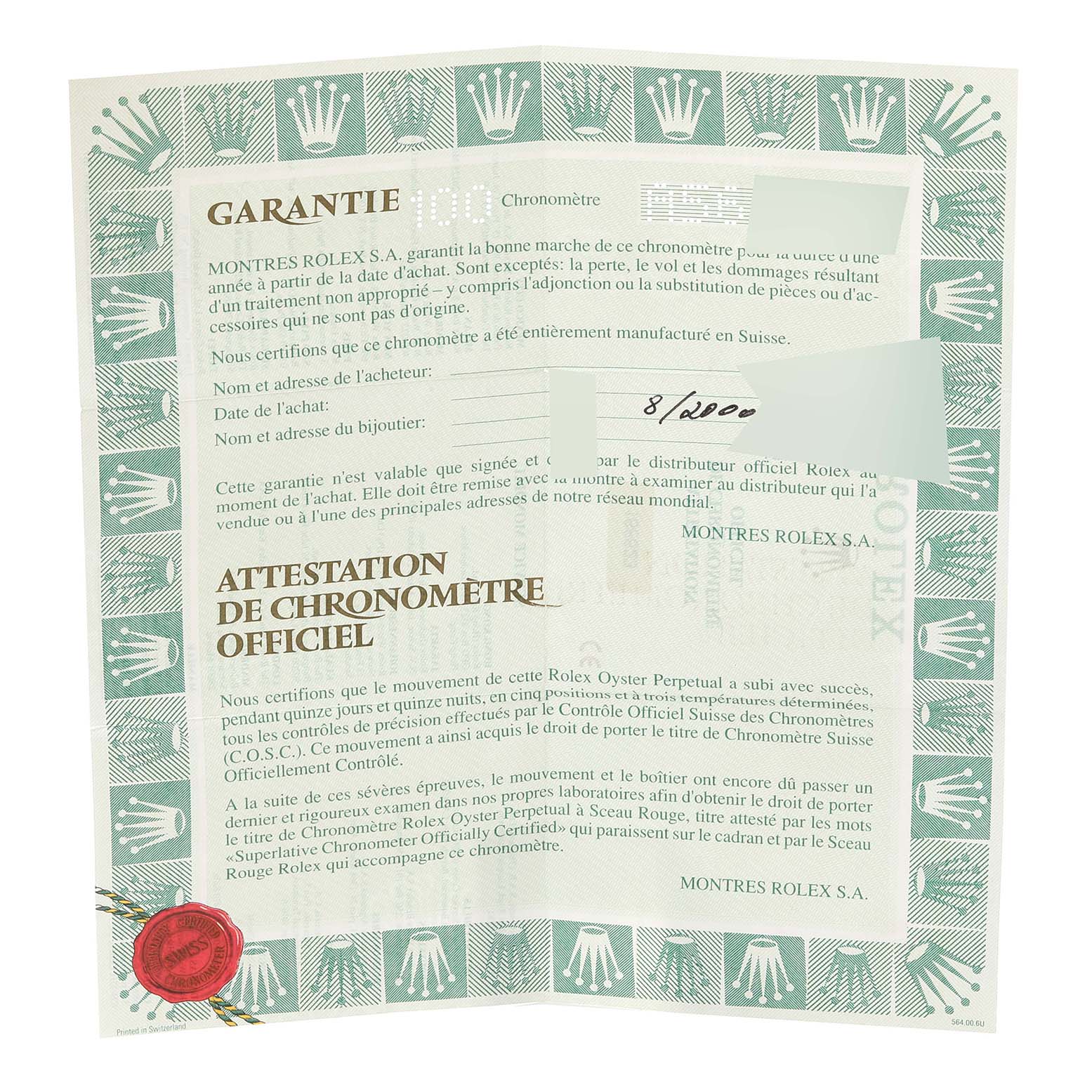 This is the warranty paper for a Rolex Yacht-Master 168623 Men
s Steel and Gold (two tone) Champagne Dial 168623 Men
s Steel and Gold (two tone) Champagne Dial watch, showing the official chronometer certification.