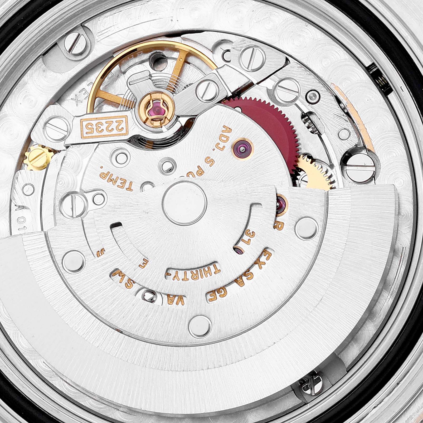 This is a close-up view of the movement and inner workings of the Rolex Yacht-Master 168623 Men
s Steel and Gold (two tone) Champagne Dial 168623 Men
s Steel and Gold (two tone) Champagne Dial watch.