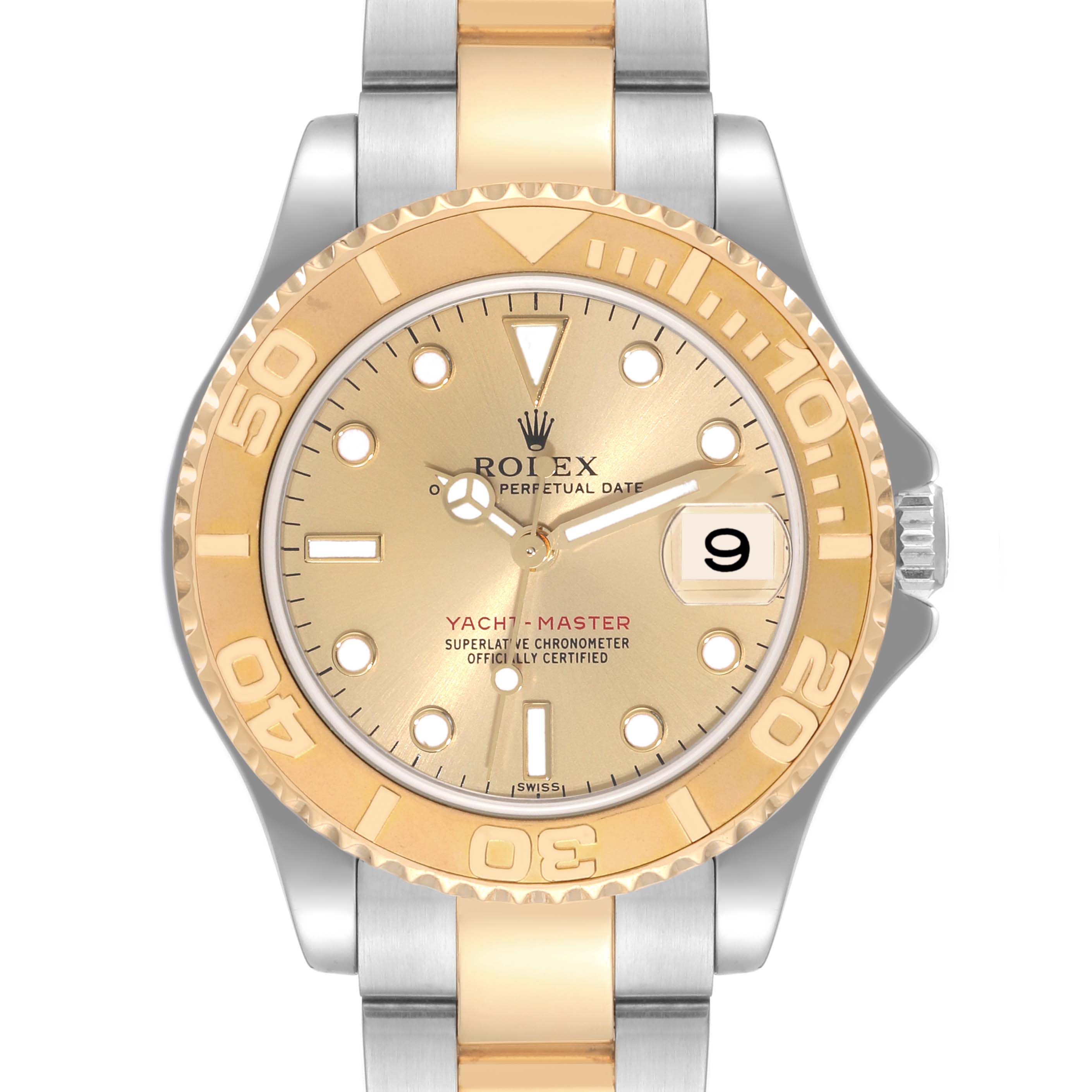 This Rolex Yacht-Master 168623 Men
s Steel and Gold (two tone) Champagne Dial 168623 Men
s Steel and Gold (two tone) Champagne Dial watch is shown from a front angle, highlighting the dial, bezel, and bracelet.