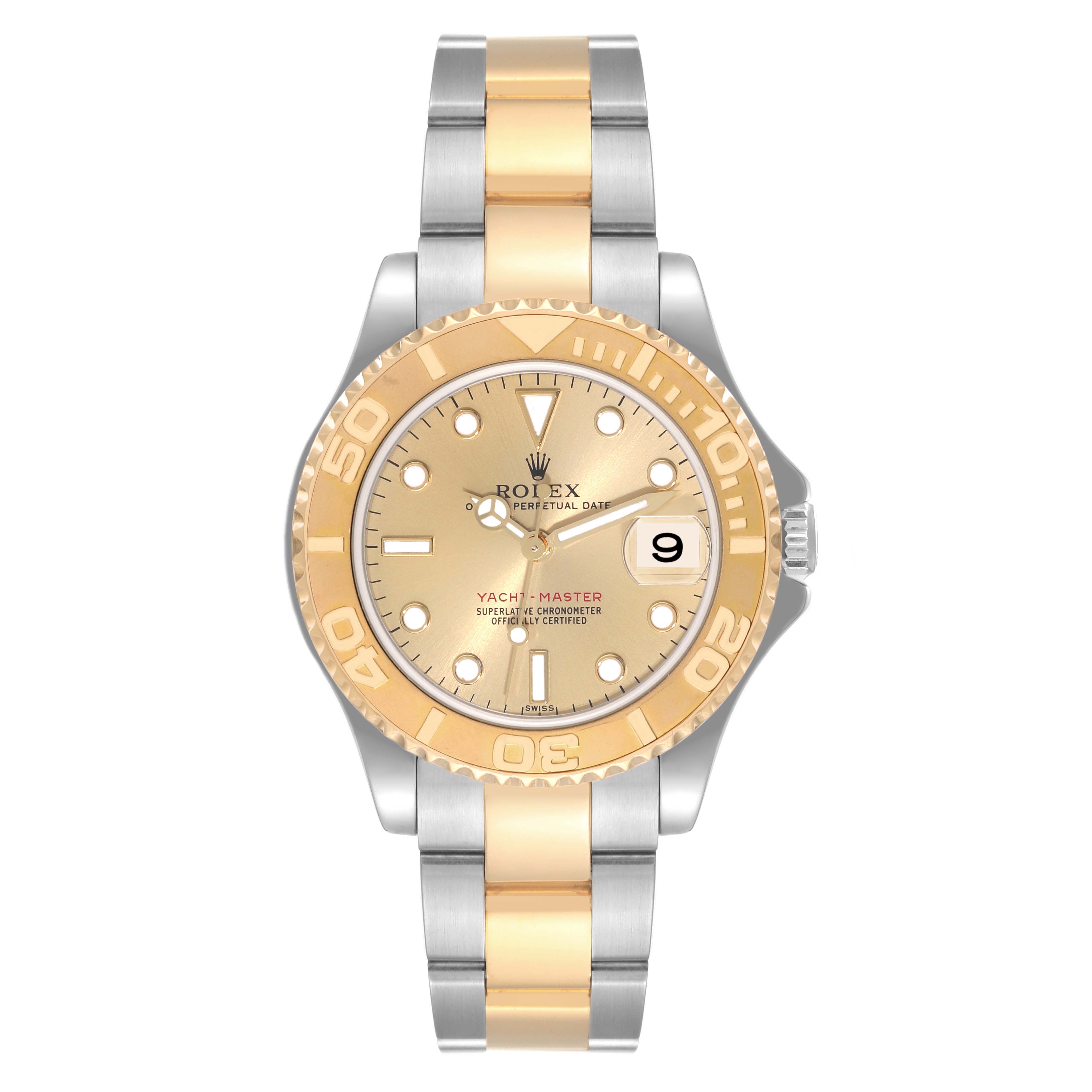This Rolex Yacht-Master 168623 Men
s Steel and Gold (two tone) Champagne Dial 168623 Men
s Steel and Gold (two tone) Champagne Dial watch is shown from a top-down angle, highlighting its dial, bezel, bracelet, and crown.