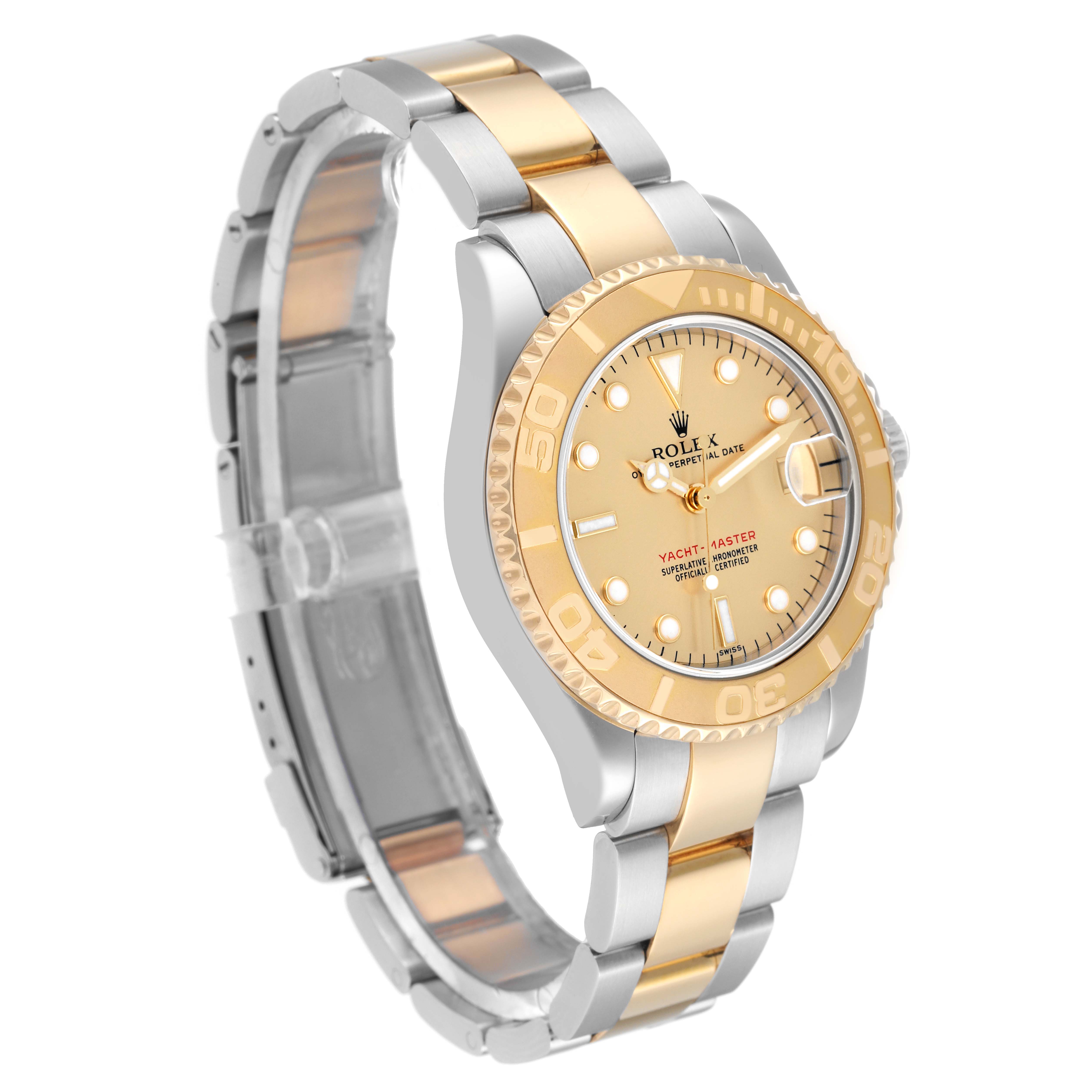 The Rolex Yacht-Master 168623 Men
s Steel and Gold (two tone) Champagne Dial 168623 Men
s Steel and Gold (two tone) Champagne Dial watch is shown at a slight angle, displaying its gold and silver bracelet, bezel, and dial.