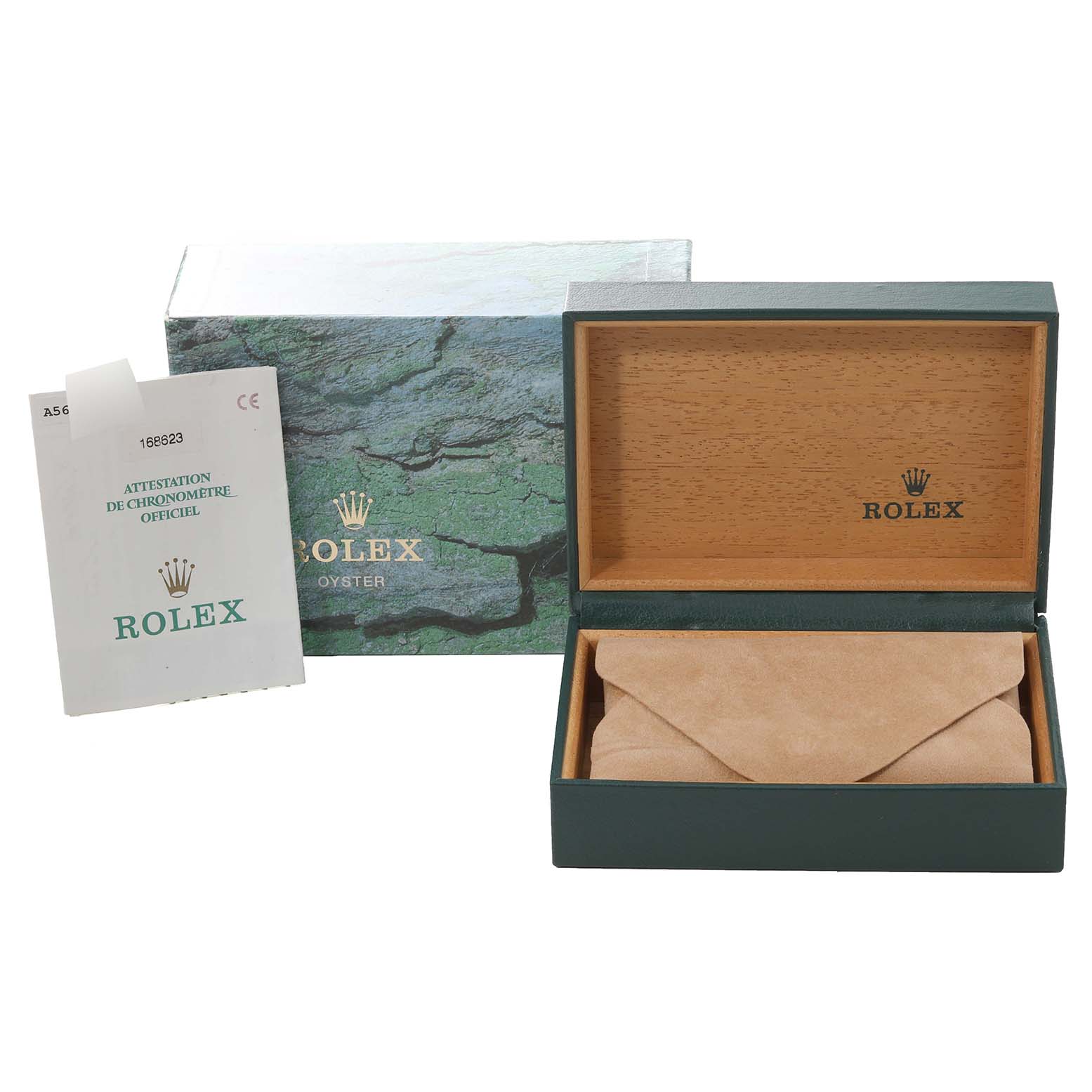 The image shows the open box and packaging of a Rolex Yacht-Master 168623 Men
s Steel and Gold (two tone) Champagne Dial 168623 Men
s Steel and Gold (two tone) Champagne Dial, along with its certificate.