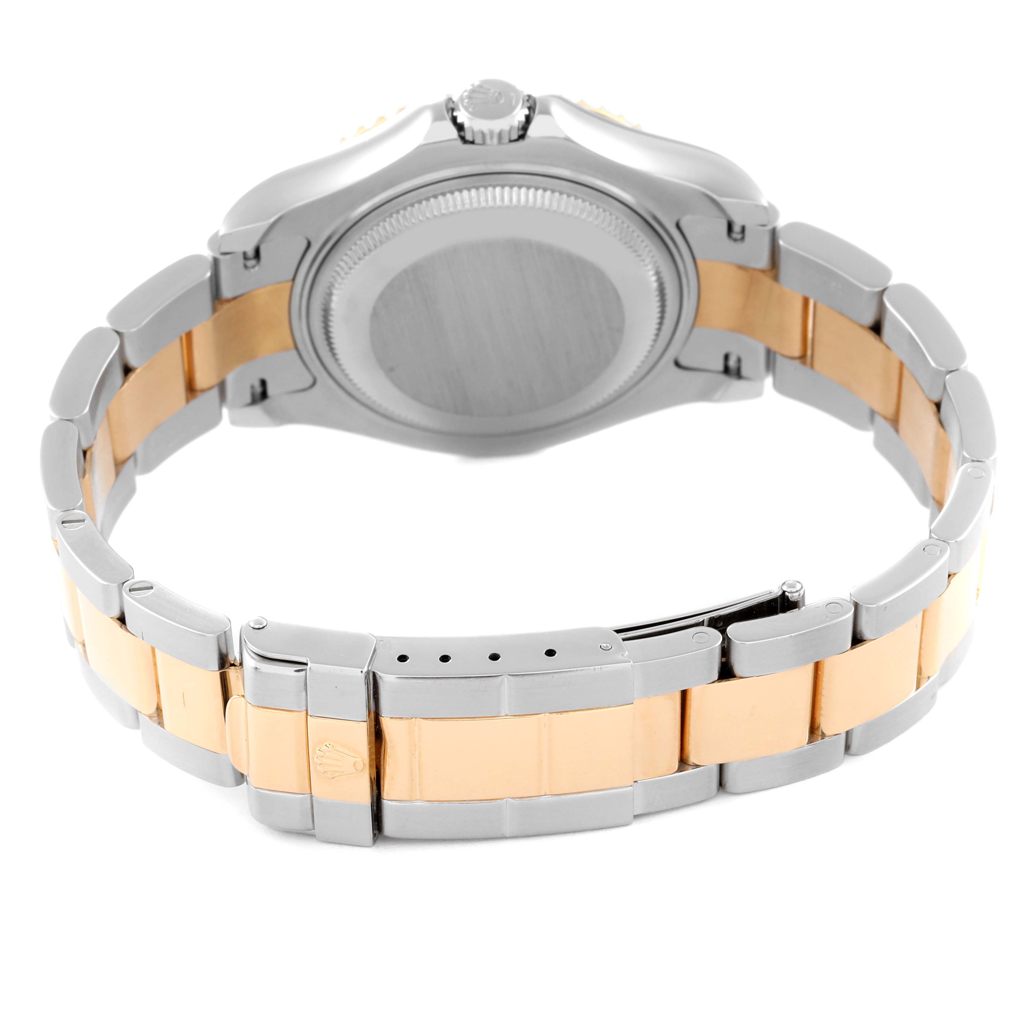 The image shows the back of a Rolex Yacht-Master 168623 Men
s Steel and Gold (two tone) Champagne Dial 168623 Men
s Steel and Gold (two tone) Champagne Dial watch, highlighting the bracelet, clasp, and case back.