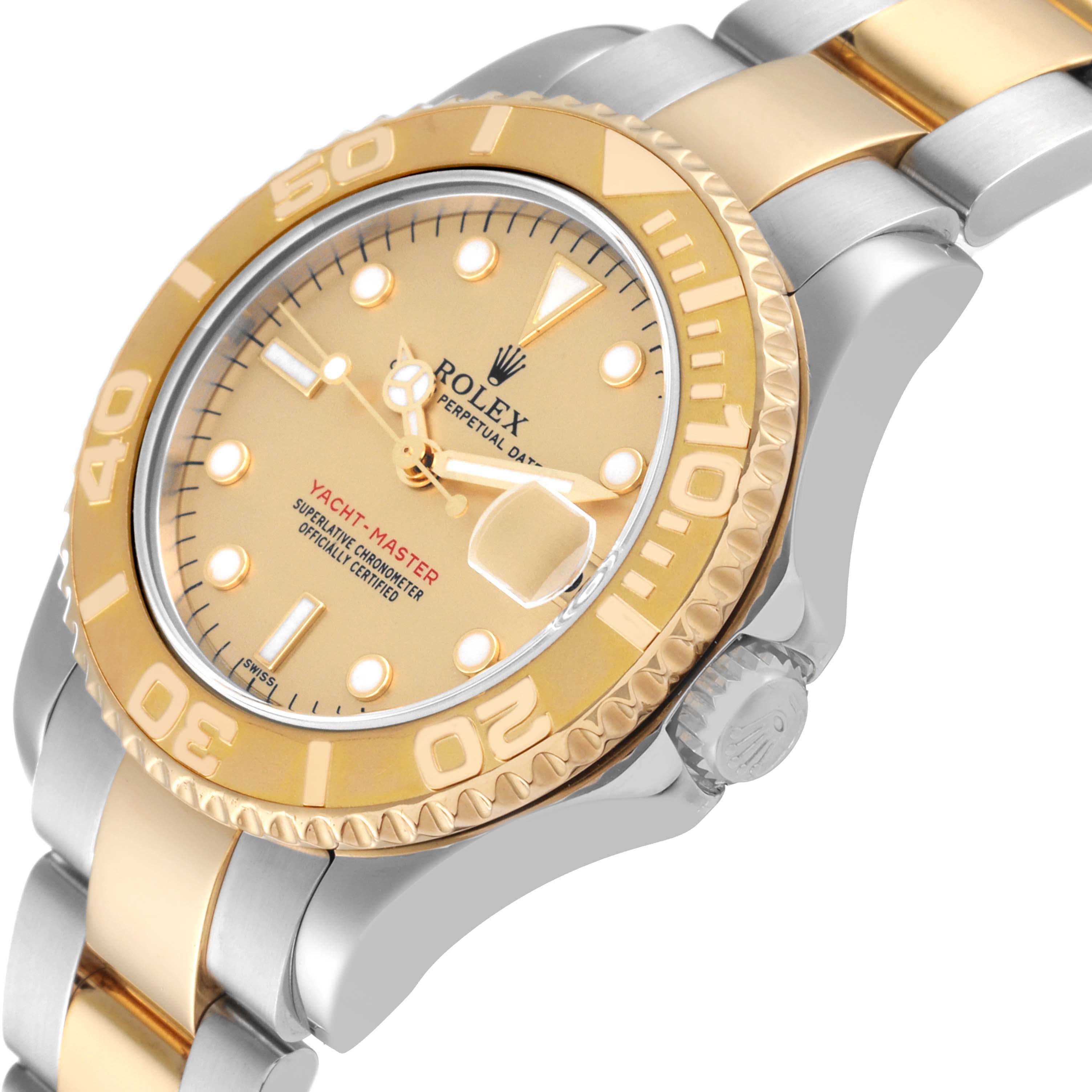 The image shows a close-up angle of the Rolex Yacht-Master 168623 Men
s Steel and Gold (two tone) Champagne Dial 168623 Men
s Steel and Gold (two tone) Champagne Dial watch, highlighting its gold bezel, dial, and part of the bracelet.