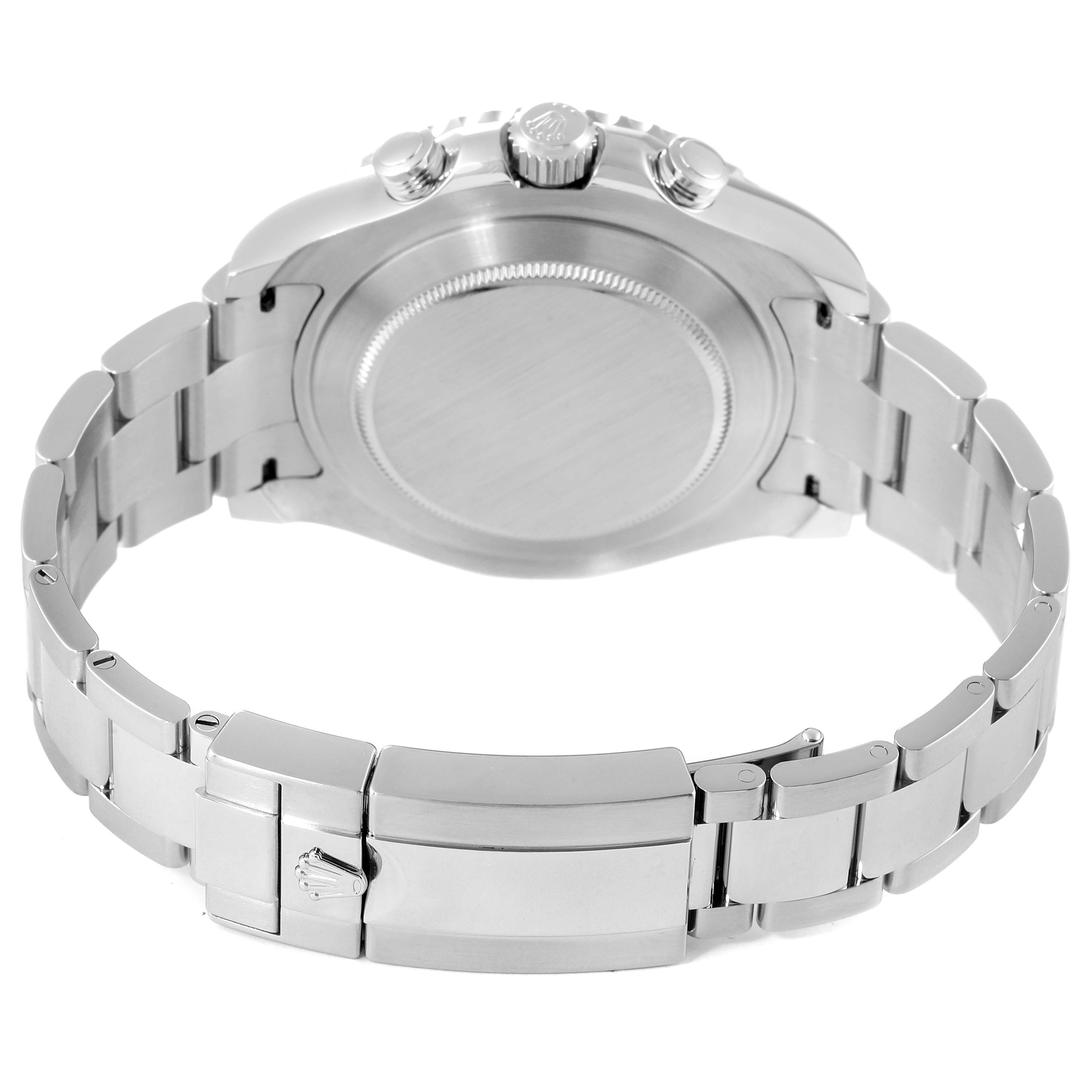 The image shows the back view of the Rolex Yacht-Master 116680 Men
s Stainless Steel White Dial 116680 Men
s Stainless Steel White Dial, highlighting the bracelet, clasp, case back, and crown.