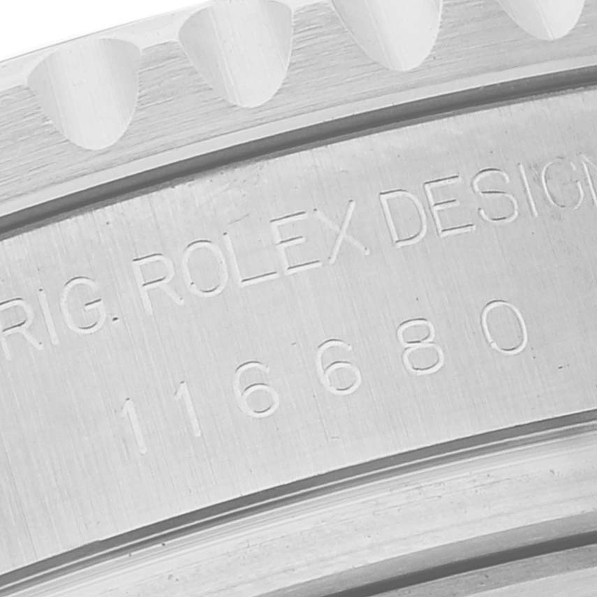 The image shows a close-up angle of the bezel and engraved inscription on the Rolex Yacht-Master 116680 Men
s Stainless Steel White Dial 116680 Men
s Stainless Steel White Dial watch.