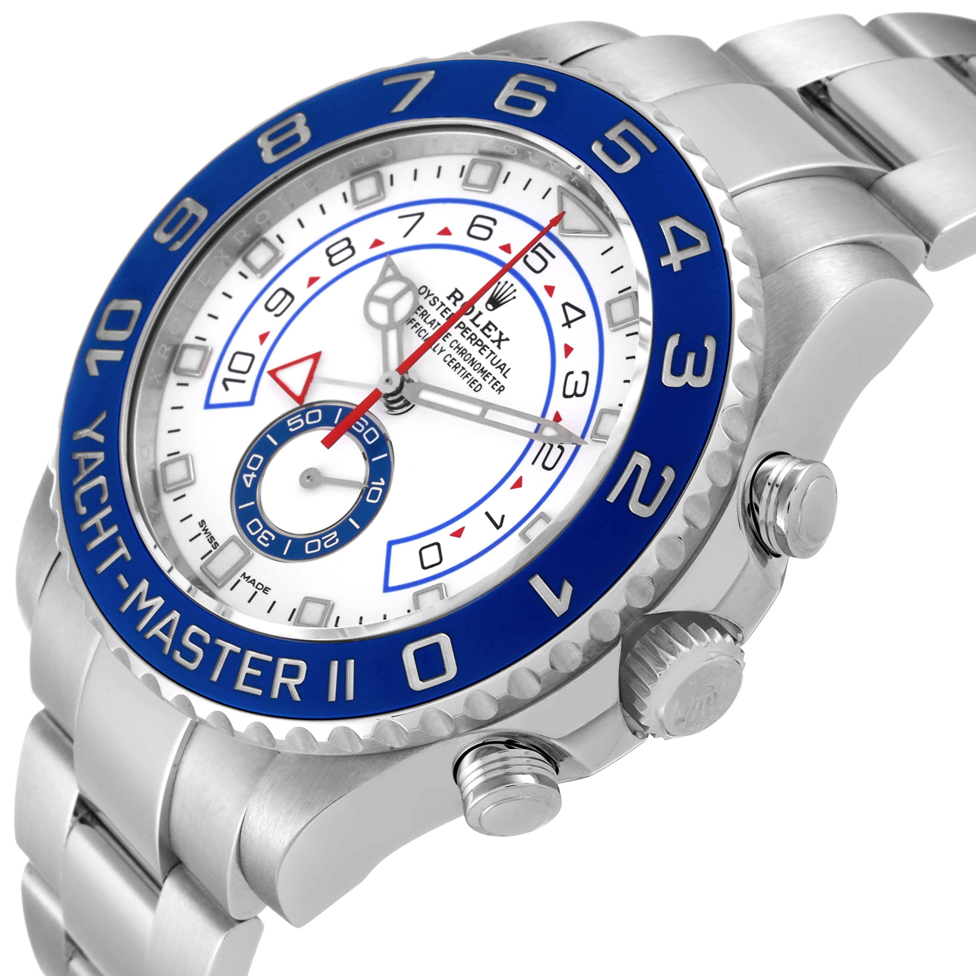 The image shows a Rolex Yacht-Master 116680 Men
s Stainless Steel White Dial 116680 Men
s Stainless Steel White Dial II watch angled from the lower right, highlighting the bezel, dial, and side buttons.