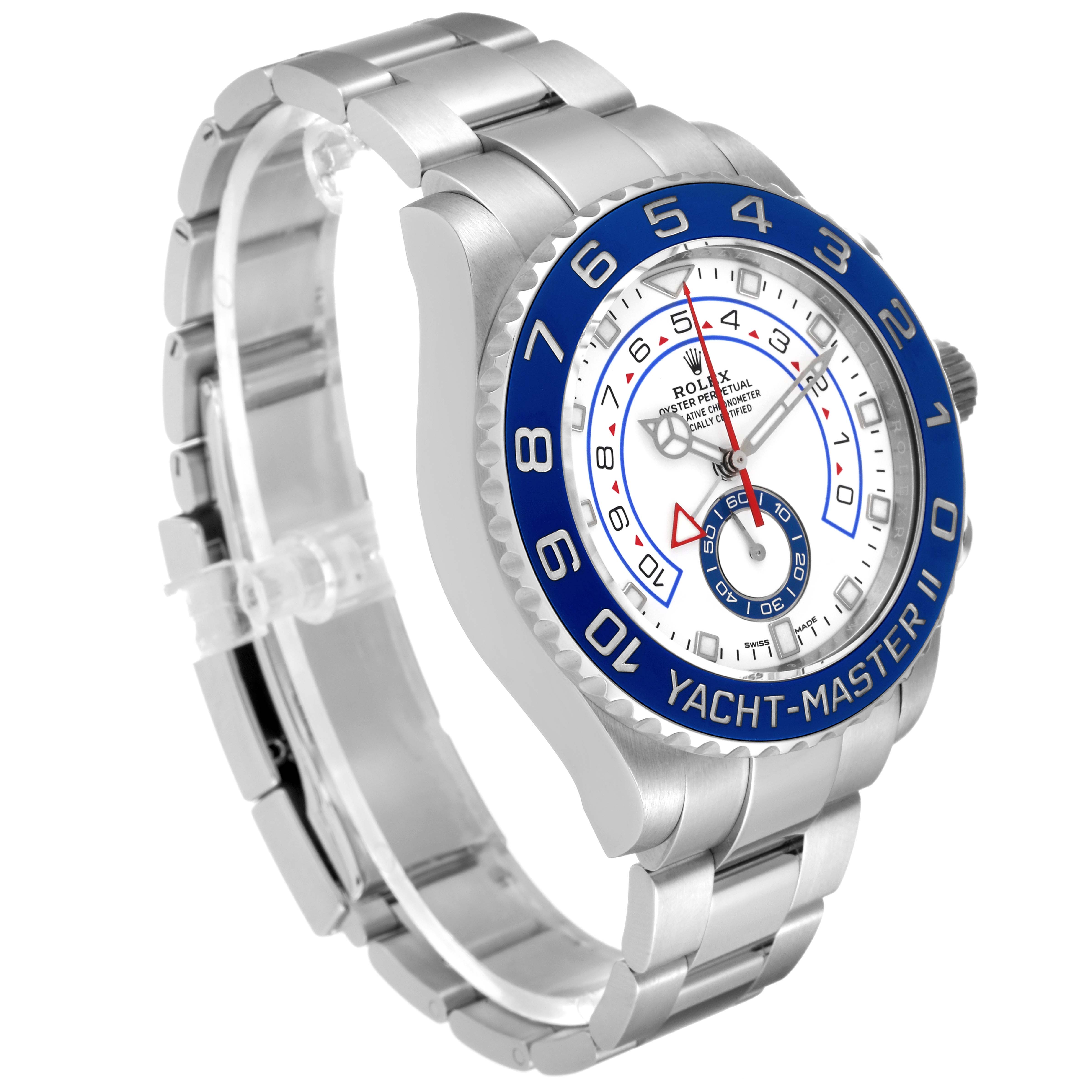 The image shows a side-angle view of the Rolex Yacht-Master 116680 Men
s Stainless Steel White Dial 116680 Men
s Stainless Steel White Dial II watch, displaying the face, bezel, bracelet, and crown.