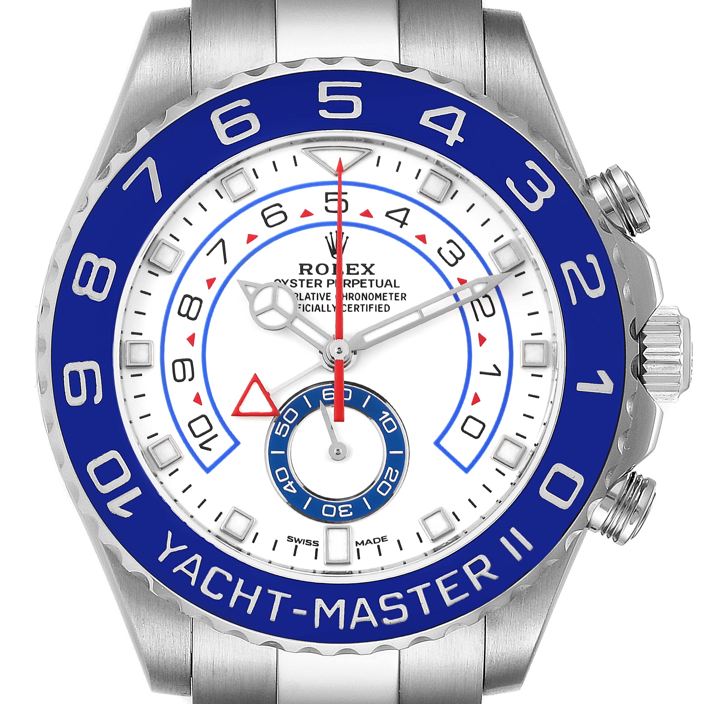The image shows a close-up of the Rolex Yacht-Master 116680 Men
s Stainless Steel White Dial 116680 Men
s Stainless Steel White Dial II watch
s face and bezel, highlighting its blue and white color scheme and chronograph features.