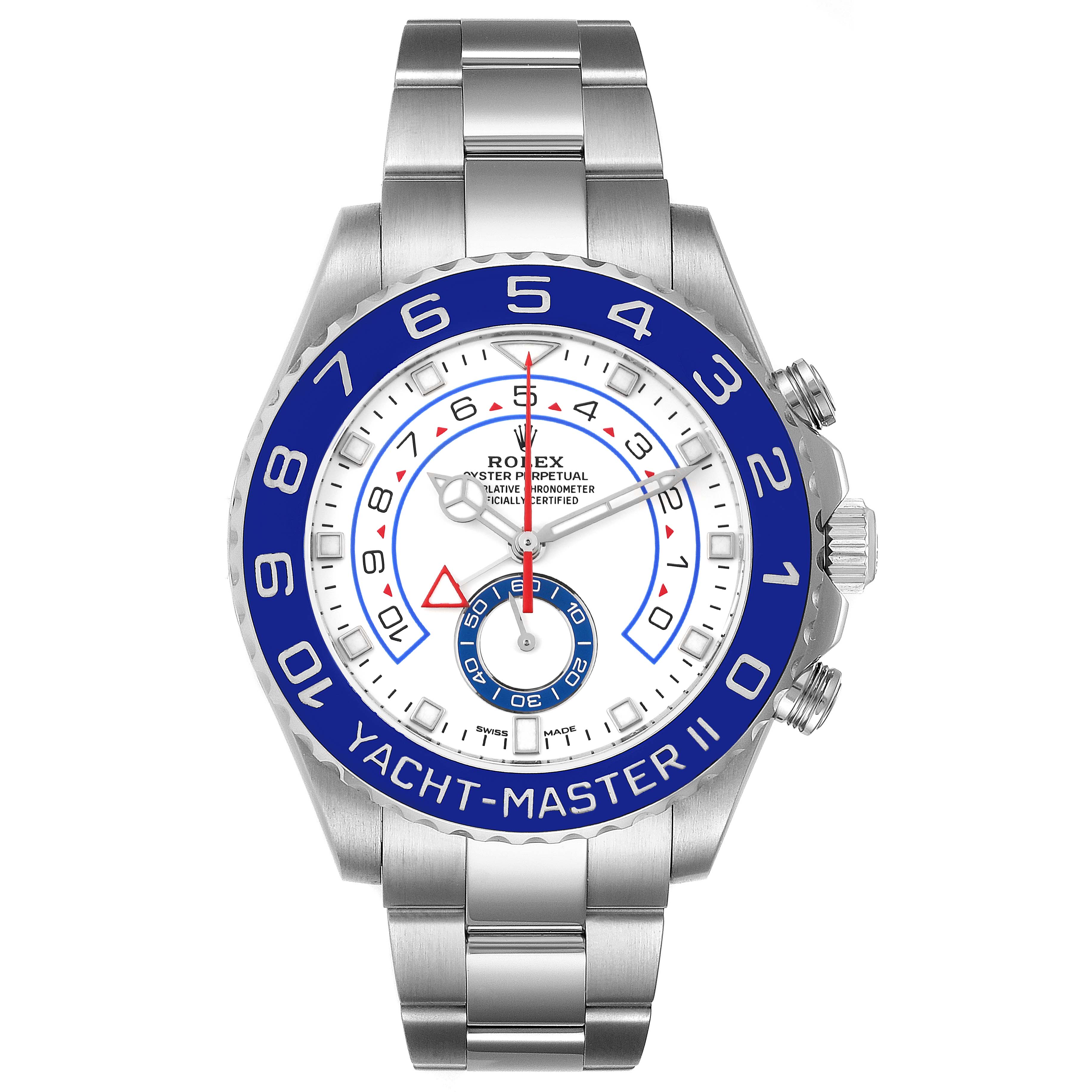 The Rolex Yacht-Master 116680 Men
s Stainless Steel White Dial 116680 Men
s Stainless Steel White Dial watch is shown from the front, displaying its face, bezel, and bracelet.