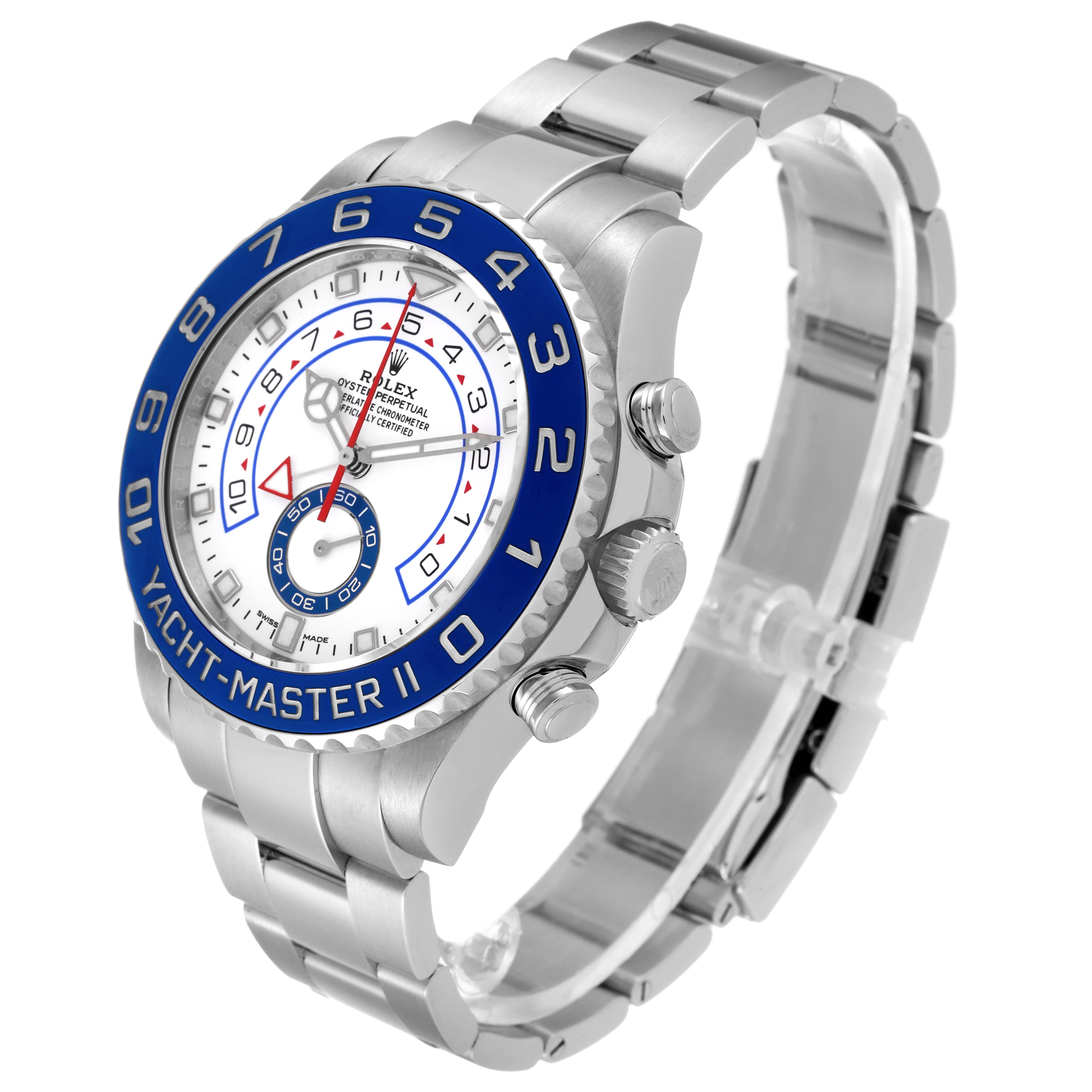 The Rolex Yacht-Master 116680 Men
s Stainless Steel White Dial 116680 Men
s Stainless Steel White Dial watch is shown at an angle highlighting the face, bezel, crown, bracelet, and lugs.