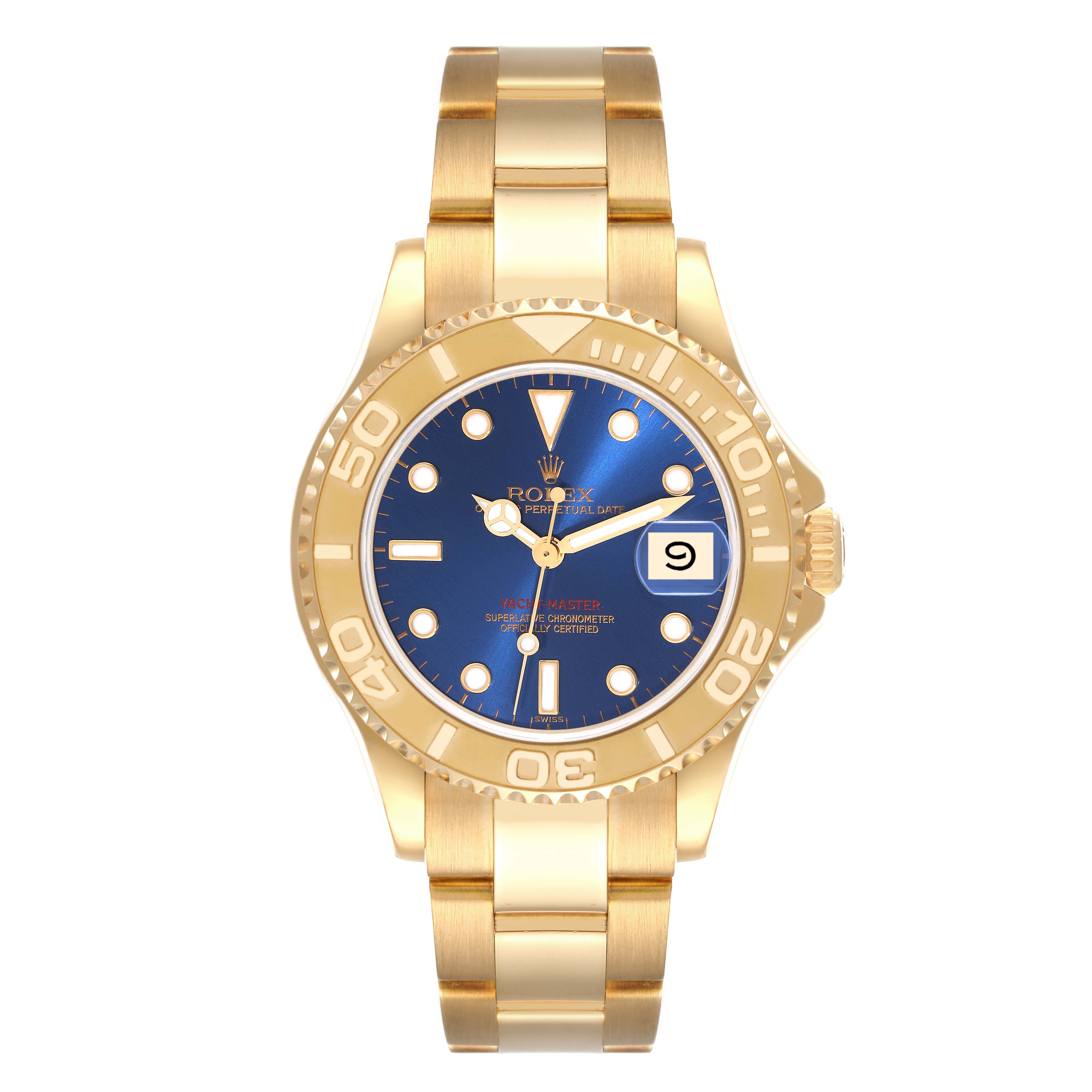This image shows a front view of a Rolex Yacht-Master 68628 Men's Yellow Gold Blue Dial 68628 Men's Yellow Gold Blue Dial watch, displaying its gold band, blue dial, and bezel.