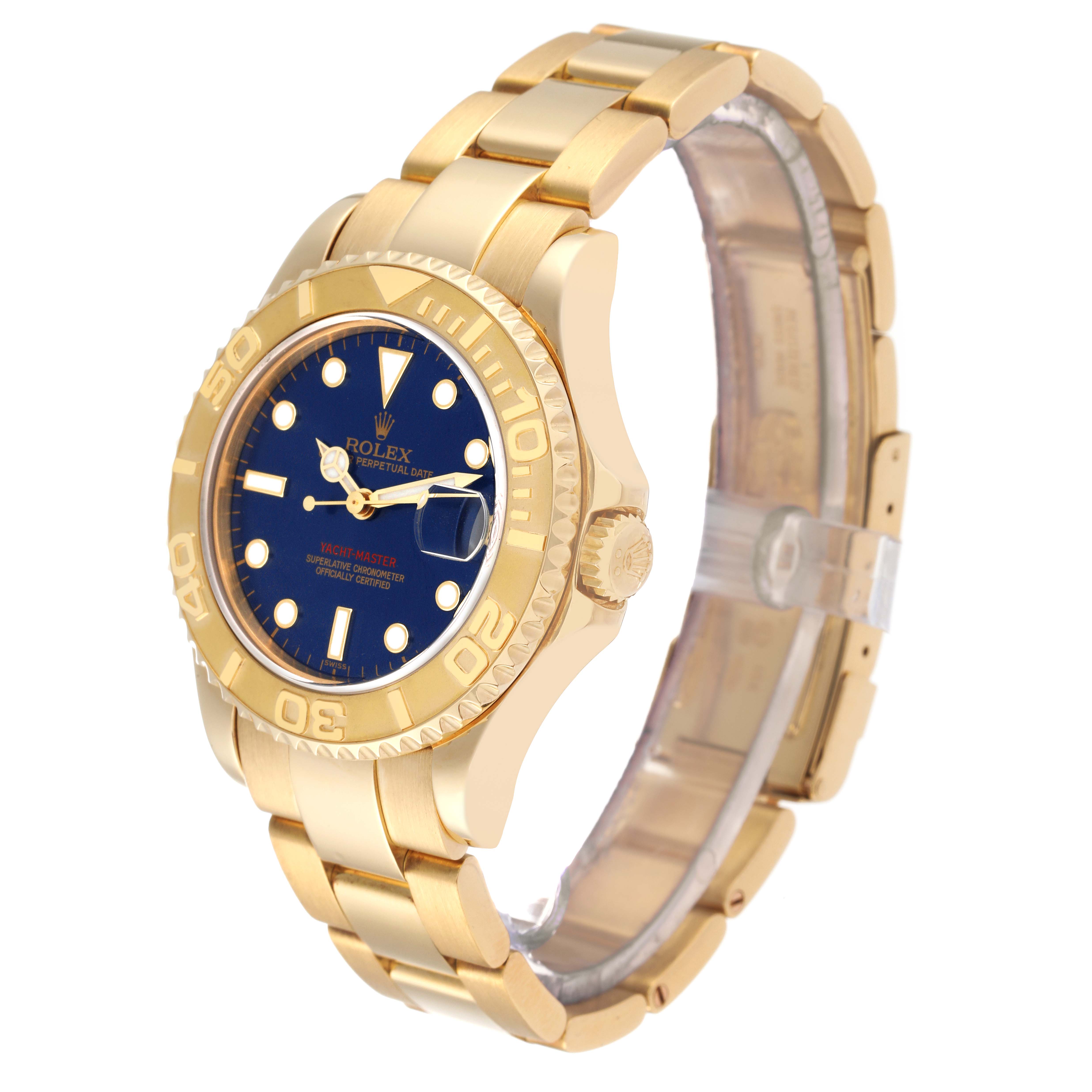 The image shows a side angle of the Rolex Yacht-Master 68628 Men's Yellow Gold Blue Dial 68628 Men's Yellow Gold Blue Dial watch, highlighting the gold case, bracelet, and blue dial.