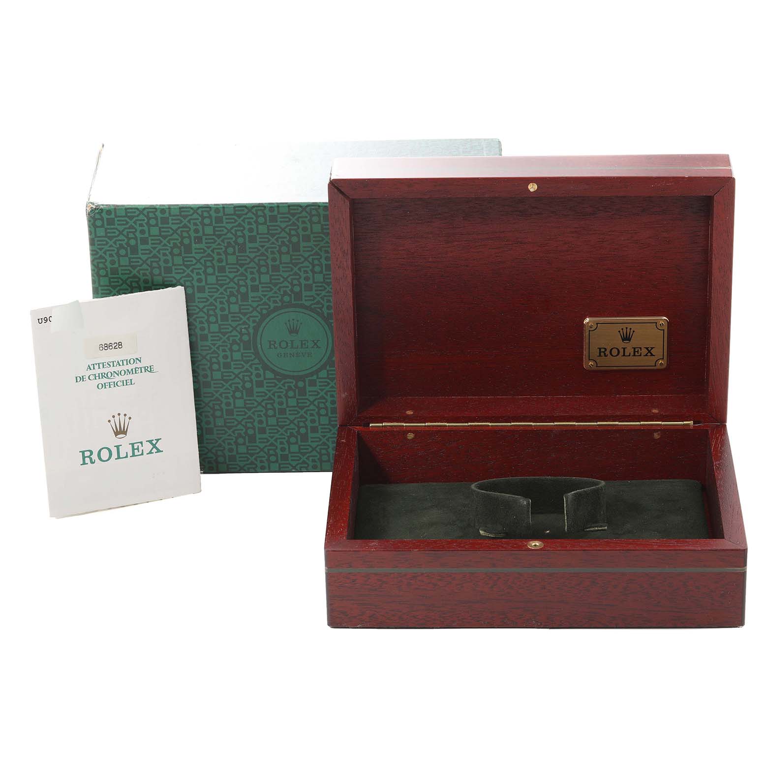 This image shows a Rolex Yacht-Master 68628 Men's Yellow Gold Blue Dial 68628 Men's Yellow Gold Blue Dial watch box, its outer packaging, and a booklet from a front angle.