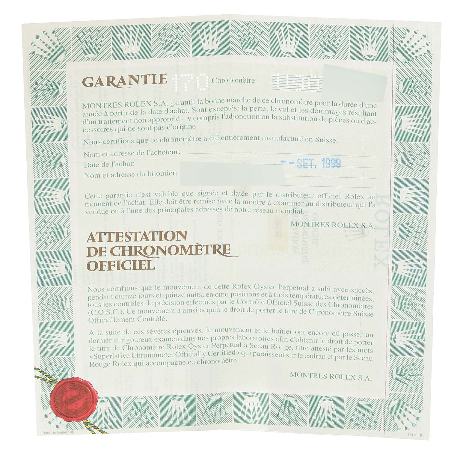 This image shows the official warranty certificate and chronometer attestation for the Rolex Yacht-Master 68628 Men's Yellow Gold Blue Dial 68628 Men's Yellow Gold Blue Dial model.