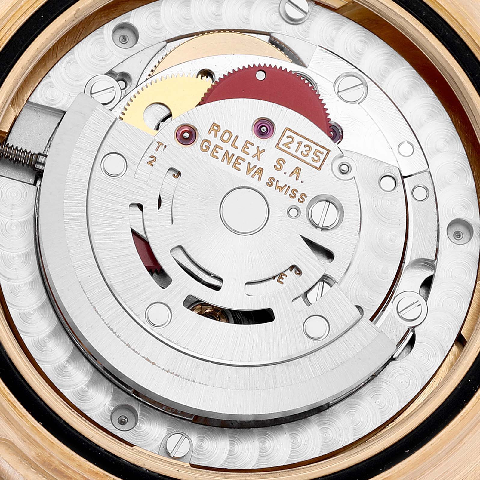 The image shows a close-up view of the Rolex Yacht-Master 68628 Men's Yellow Gold Blue Dial 68628 Men's Yellow Gold Blue Dial watch movement mechanism from the back.